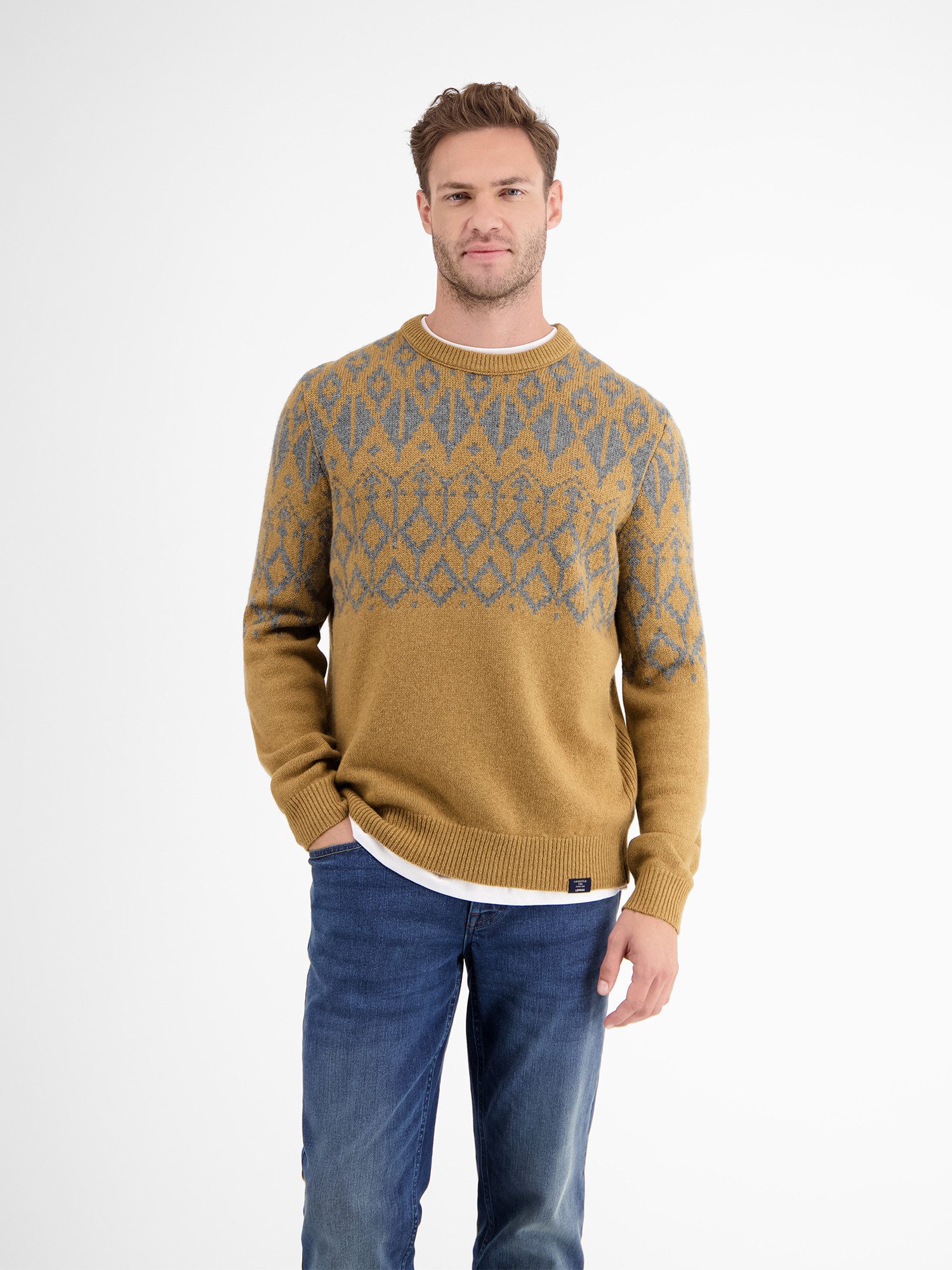 LERROS Strickpullover Jacquard-Pullover aus gestrickter Schurwolle mit Kaschmiranteil