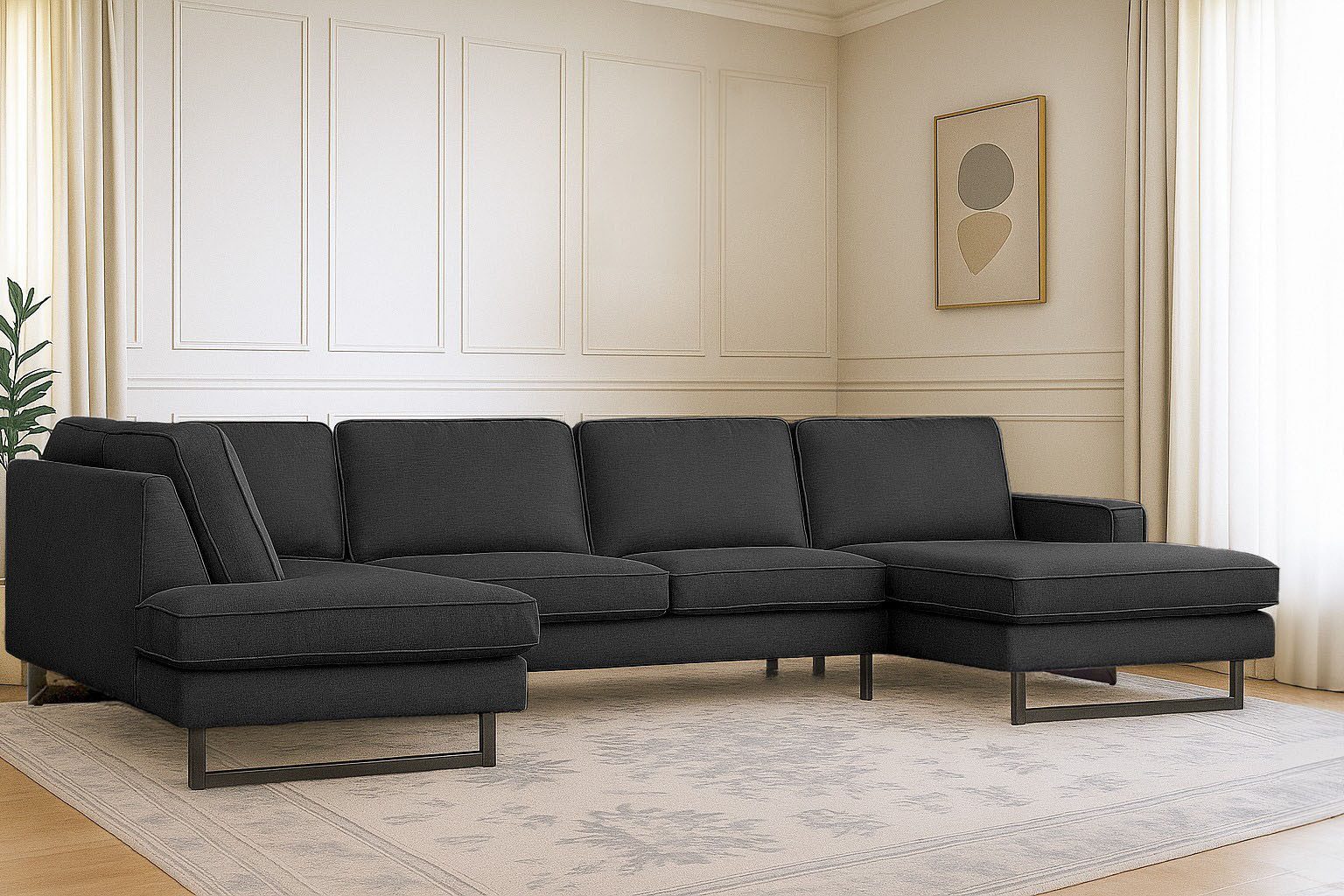 Home affaire Wohnlandschaft Pinto, 350 cm, U-Form, XXL, mit Ottomanen, Cord, Chenille, Lederoptik, mit Keder, Metallfüße, Wellenunterfederung