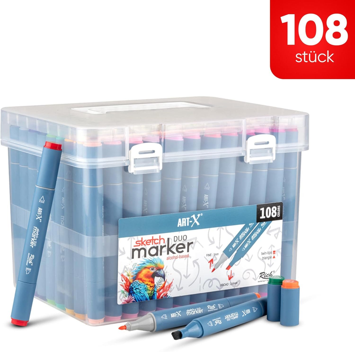 ART-X Marker Skizzen Duo Marker Set - 108 Farben, Profi Sketch Marker, (Marker-Set, 108-tlg., 108 Farben, Fein- & Keilspitze), Alkoholbasis; Schnelltrocknend; Lichtecht; Doppelseitig
