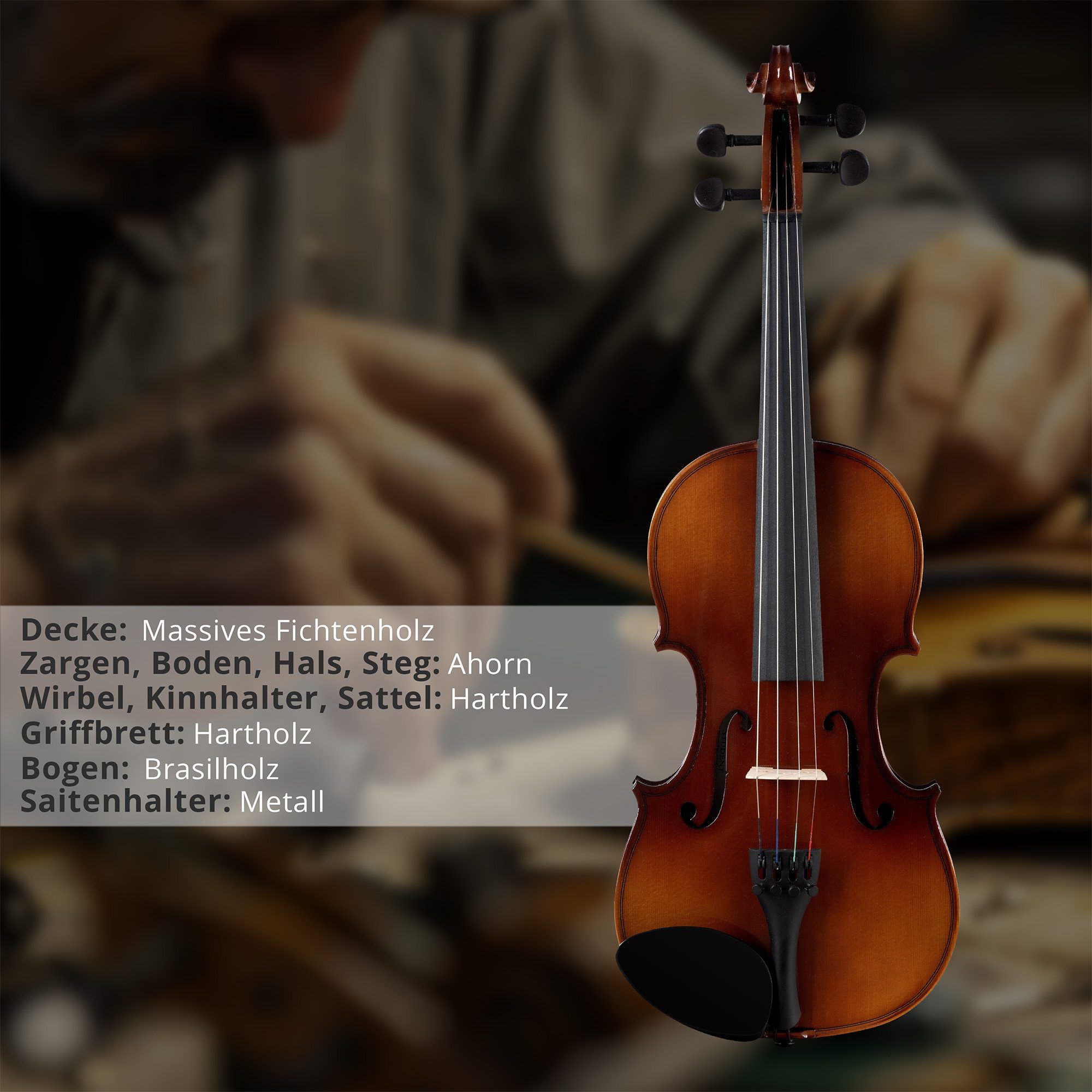 Classic Cantabile Violine Student Violinenset, Student-Set, Inkl. Etui, Bogen und Kolofonium, Aus massivem Fichtenholz geschnitzte Decke