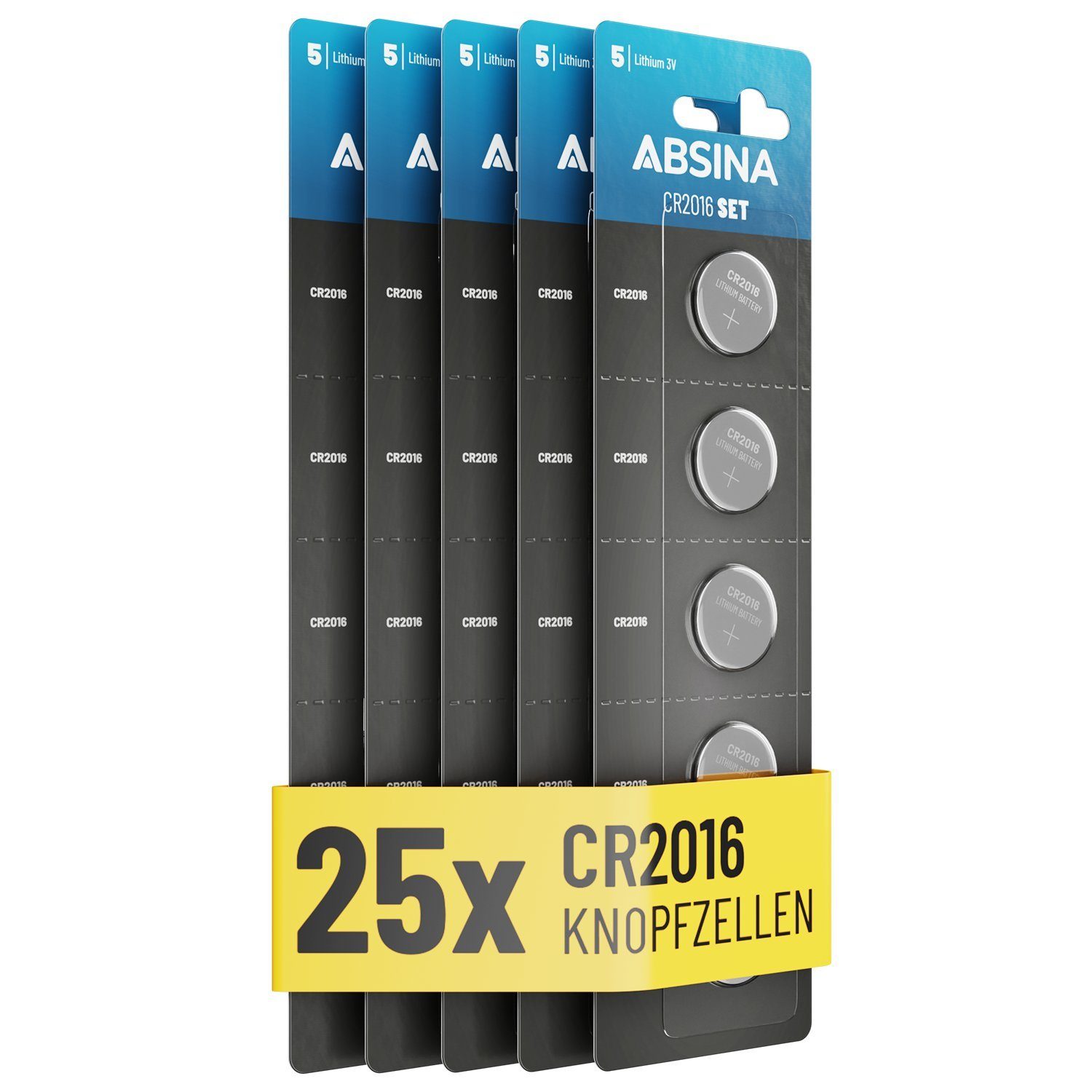 ABSINA CR2016 Knopfzelle 25er Pack - CR 2016 Knopfzelle 3V, Batterie CR2016 Knopfzelle, (1 St)