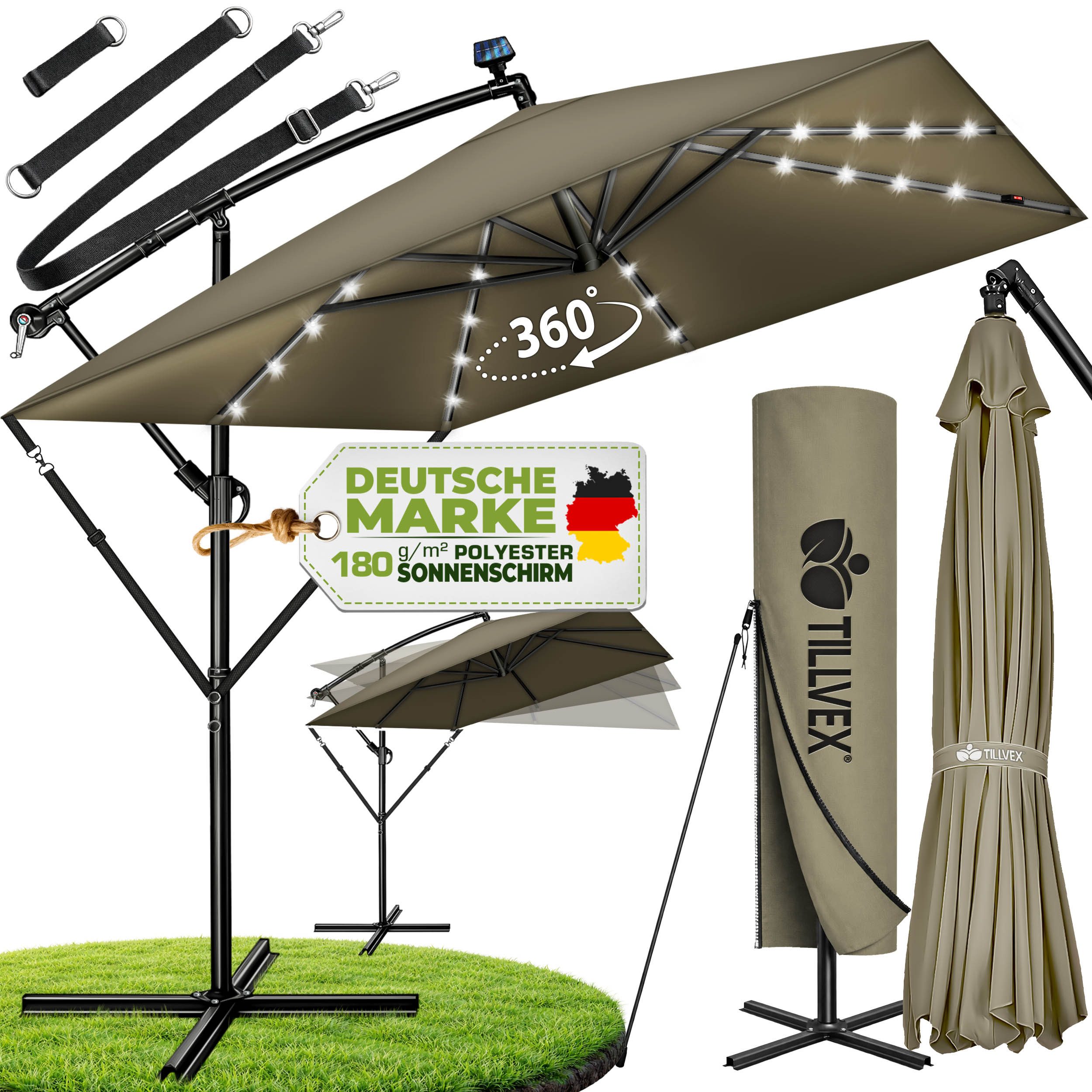 tillvex Sonnenschirm tillvex® Sonnenschirm LED Solar 235 x 235 cm Ampelschirm Gartenschirm, Kurbelschirm Marktschirm wasserdicht 360° drehbar, mit Kurbel & Windschutz Gartenschirm Aluminium, Alu Ampelschirm Ø330 cm Rechteckig mit LED Solar + Abdeckung