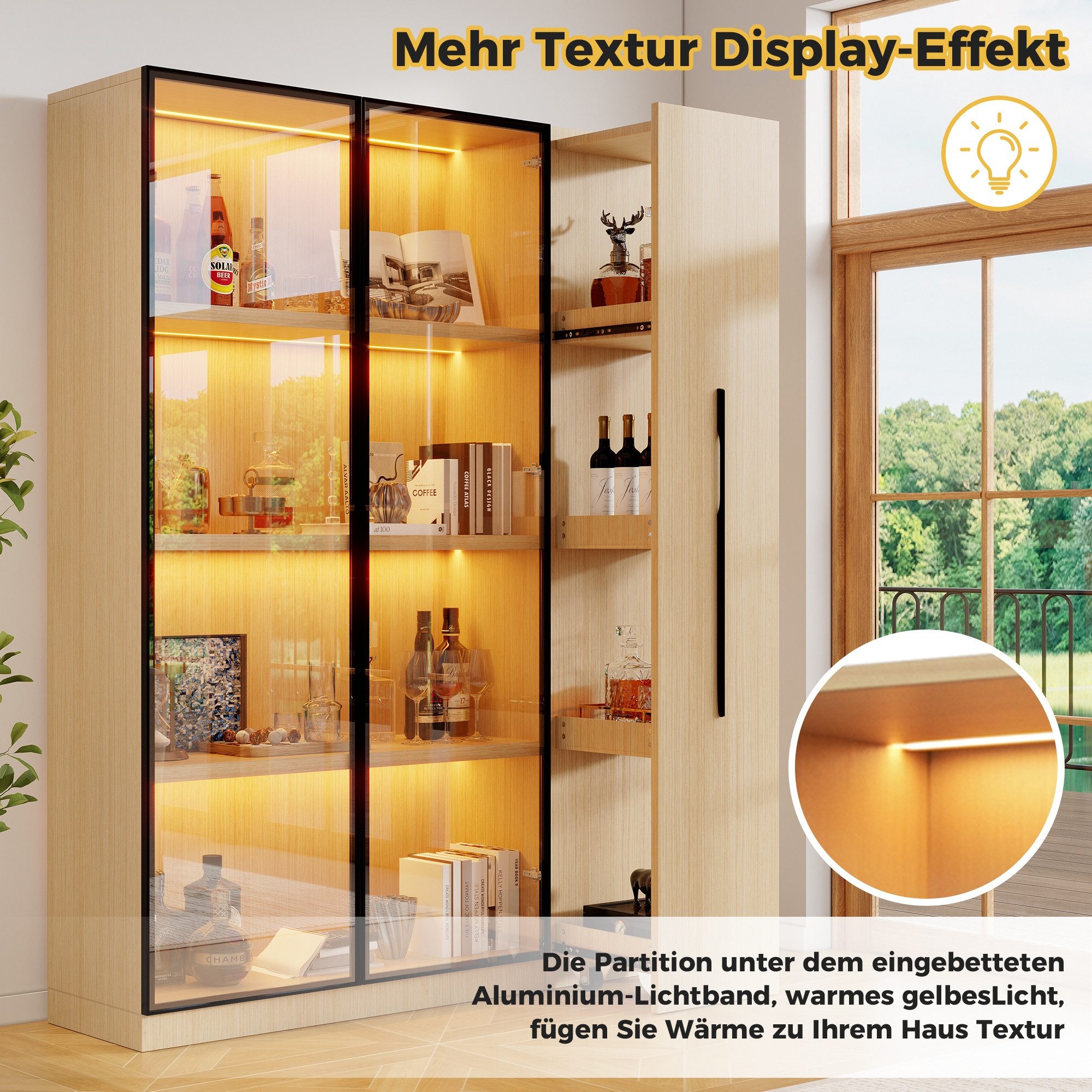 BlingBin Glasvitrine Standvitrine LED Glasvitrine 110x30x160 cm Schwarz aus MDF (1-St., mit Glasfront, ausziehbaren Regalen, Schubladen & Anti-Kipp) für Wohnzimmer/Küche/Büro