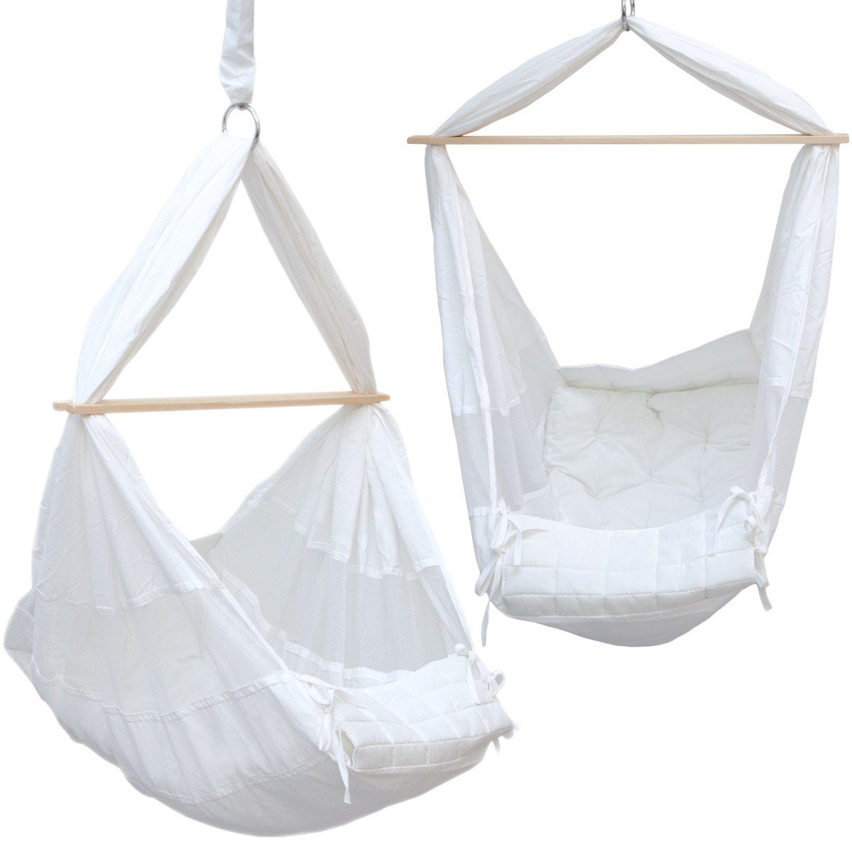 DuneDesign Babywippe Babyhängematte Baby-Feder-Wiege + Spreizstab Set, 100% Naturstoff ca. 70x36x94cm