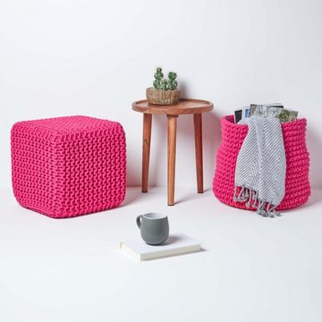 Homescapes Pouf Gestrickter Sitzwürfel 100% Baumwolle, pink