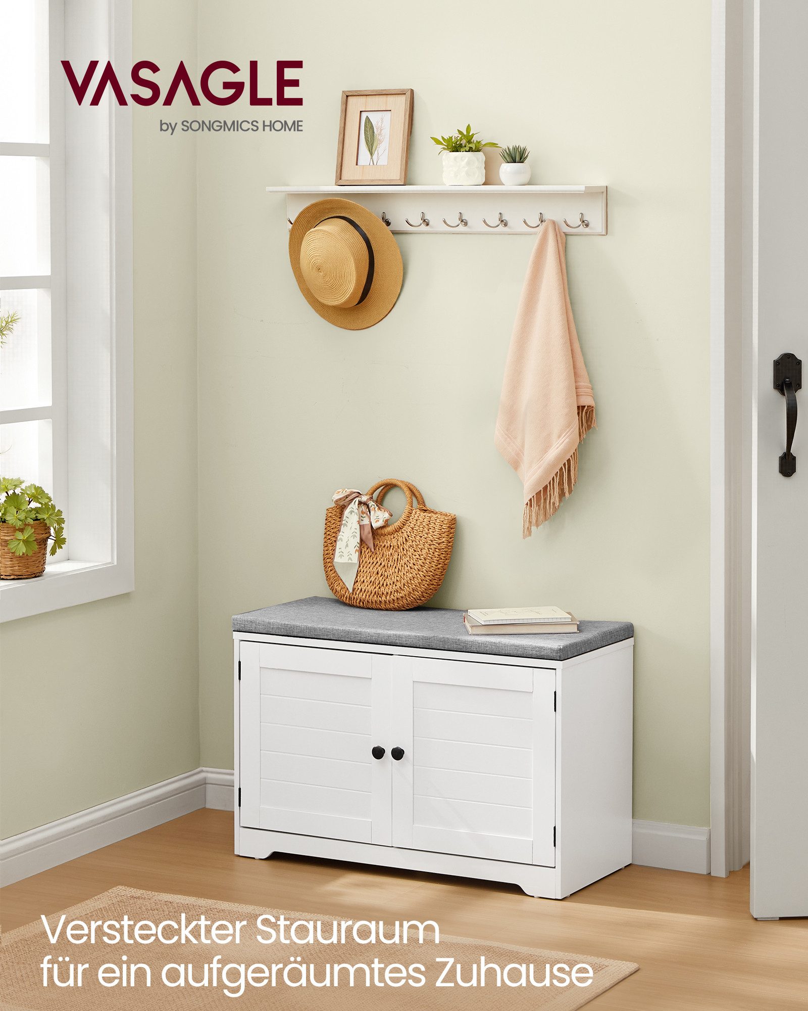 VASAGLE Schuhbank mit Stauraum, 3 Ebenen, Schuhbank, verstellbaren Ablagen, weiß-grau, mit Sitzkissen, 35,5 x 81 x 52,5 cm