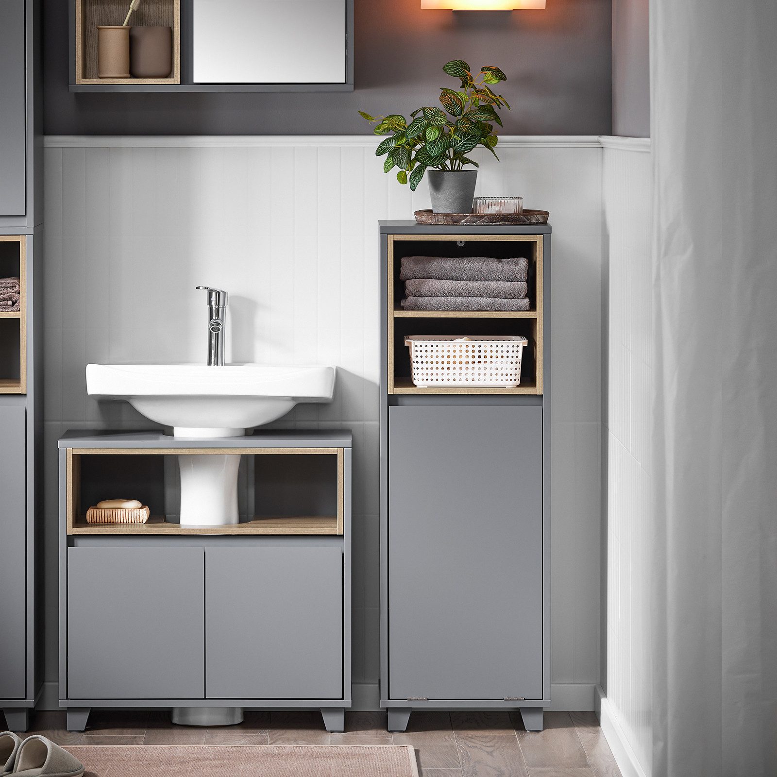 SoBuy Wäscheschrank mit Ausklappbarem Wäschesammler mit 2 Fächern BZR146-DG günstig online kaufen