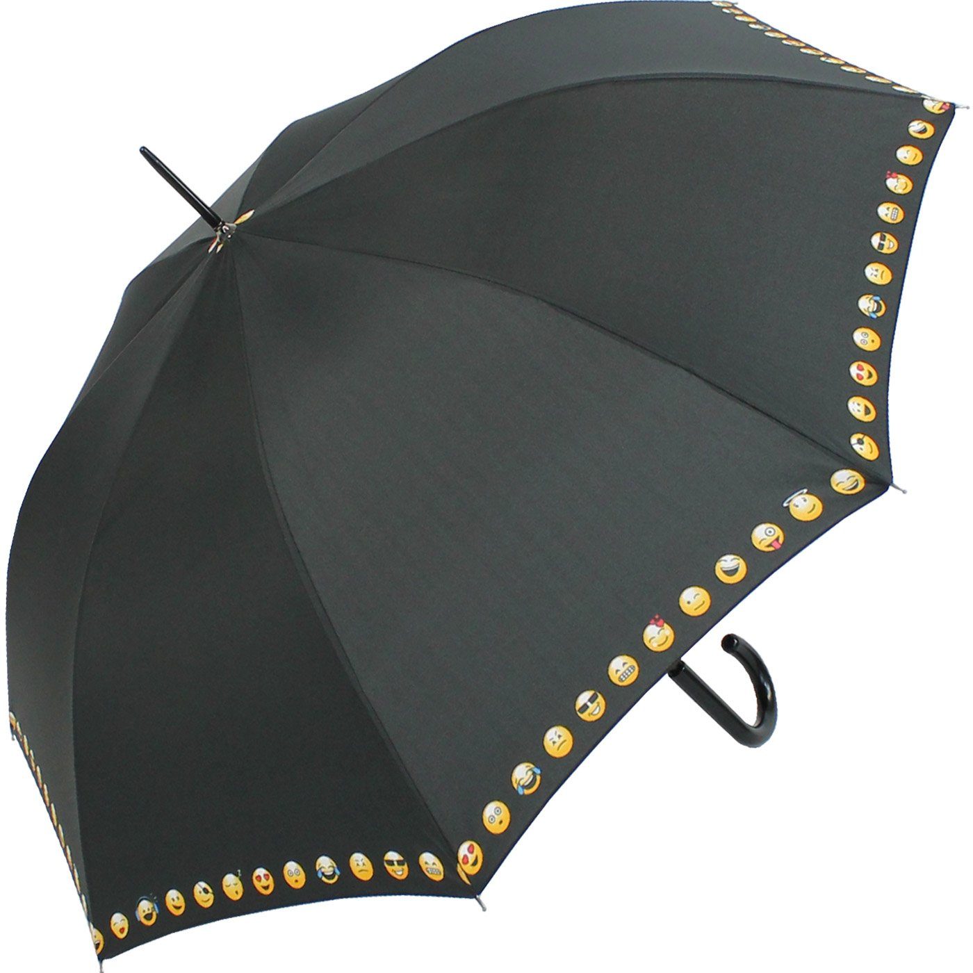 HAPPY RAIN Stockregenschirm großer Regenschirm mit Auf-Automatik für Damen, bedruckt mit lustigen Smileys - schwarz Borte