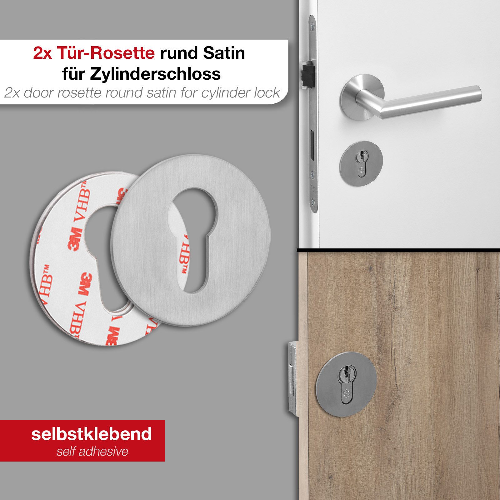 SO-TECH® Türbeschlag selbstklebende Edelstahl Tür-Rosetten mit 3M-VHB-Klebepad (2 St), PZ-Kleberosetten rund Ø 55 mm satiniert – Bild 2 von 5