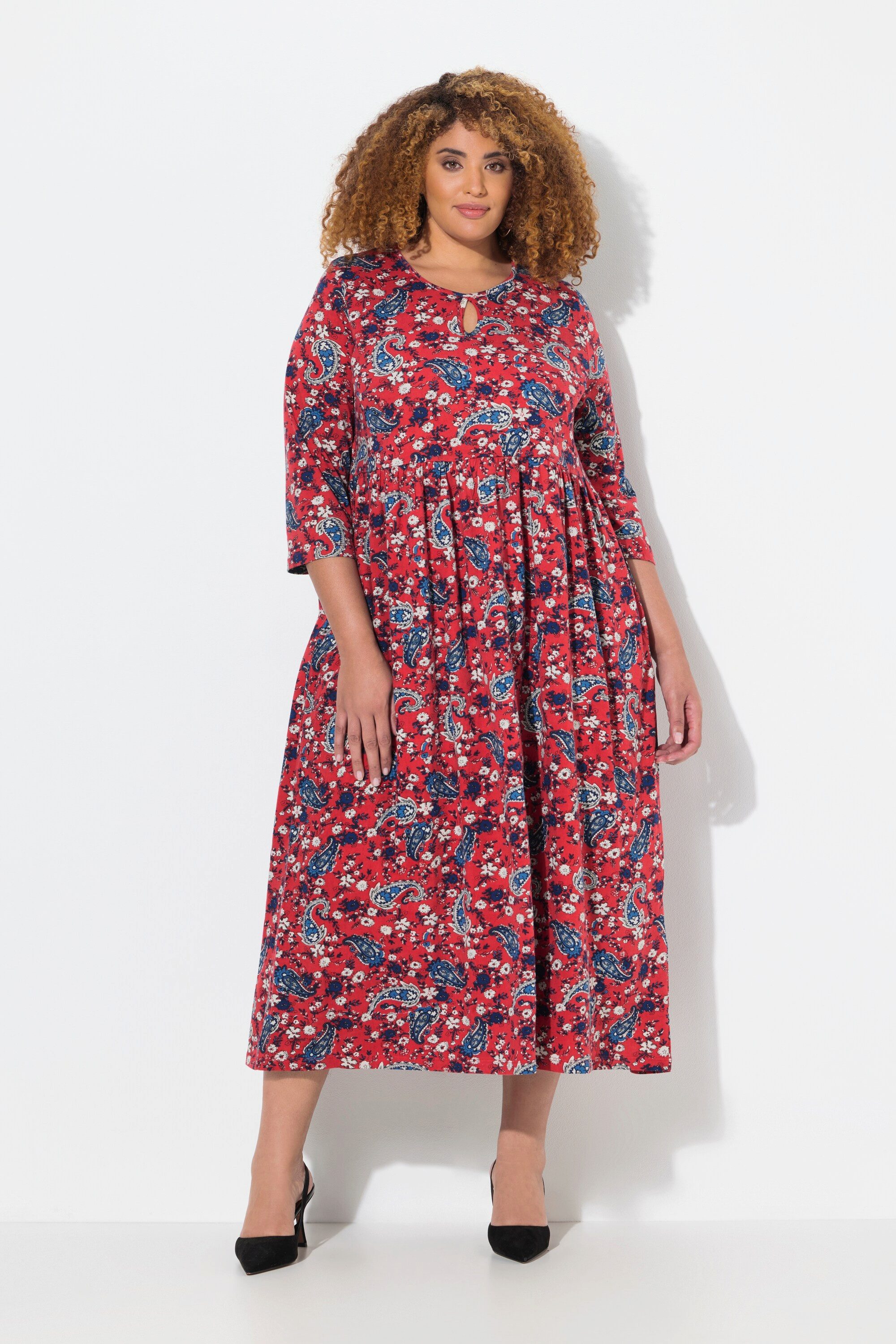 Ulla Popken Maxikleid Jerseykleid A-Linie Keyhole Rundhals 3/4-Arm