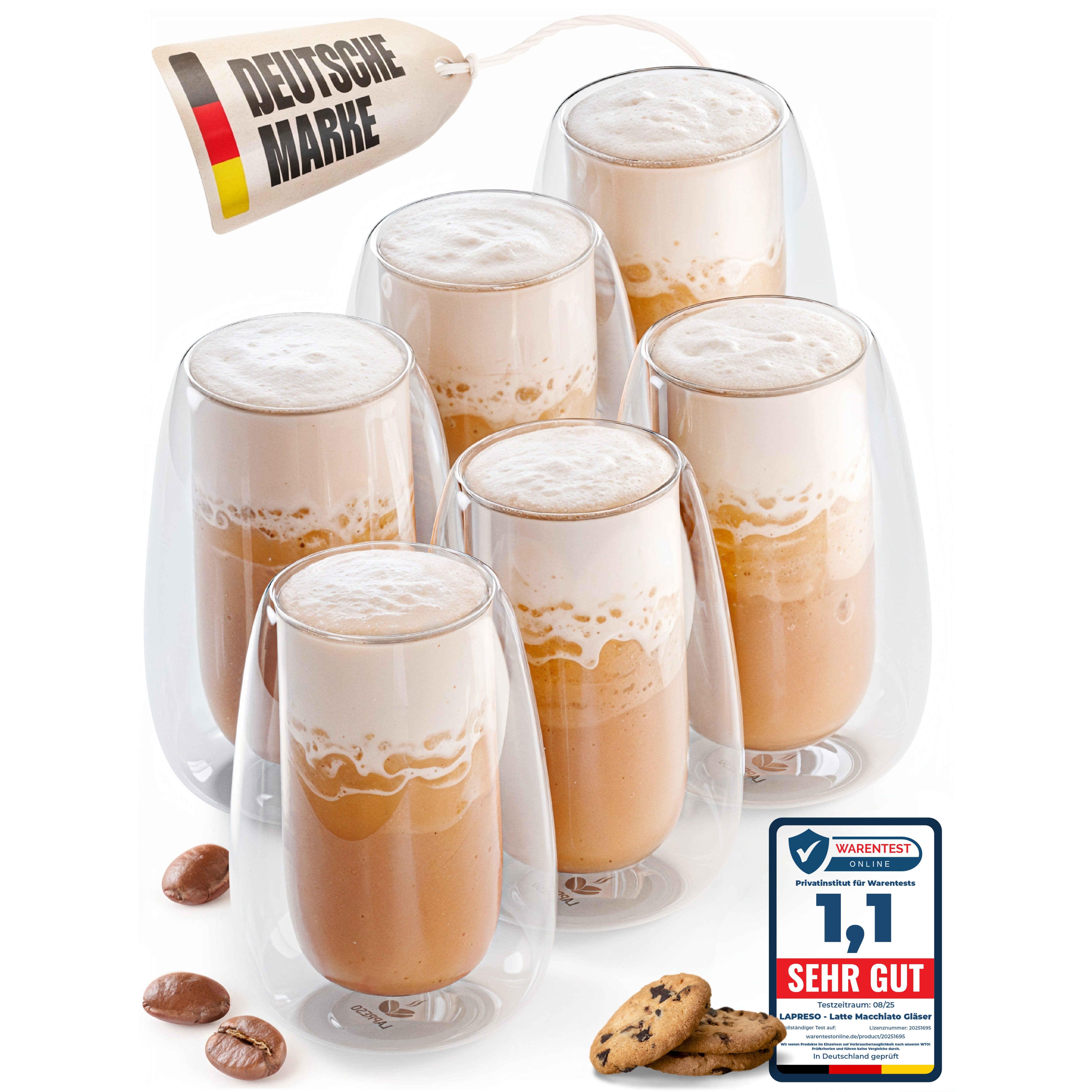 LAPRESO Latte-Macchiato-Glas Doppelwandig Thermogläser Кофейные стаканы Set 350 ml, Borosilikatglas, 6er Set