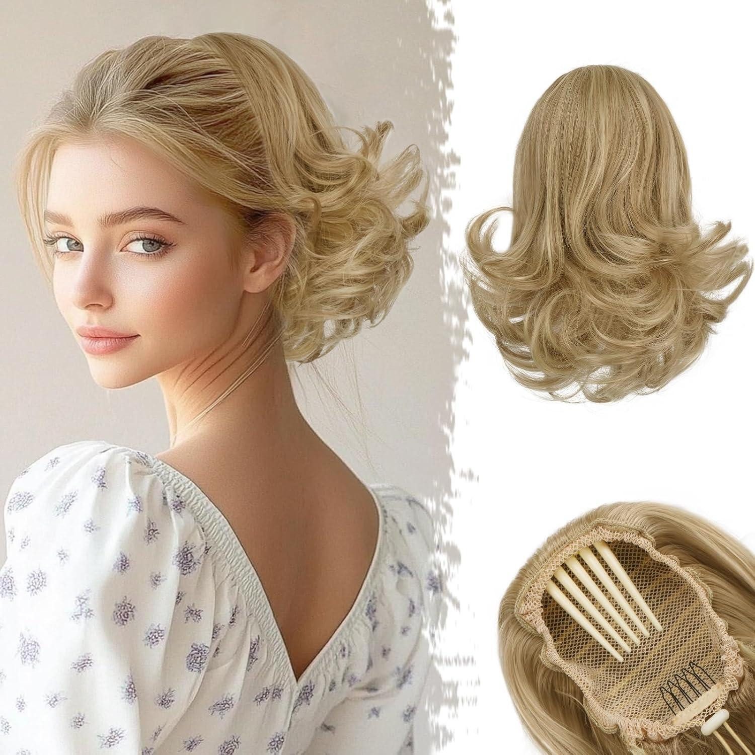 LuxusKollektion Kunsthaar-Extension Kurzes Pferdeschwanz Haarteil 25cm Golden Blond Highlights
