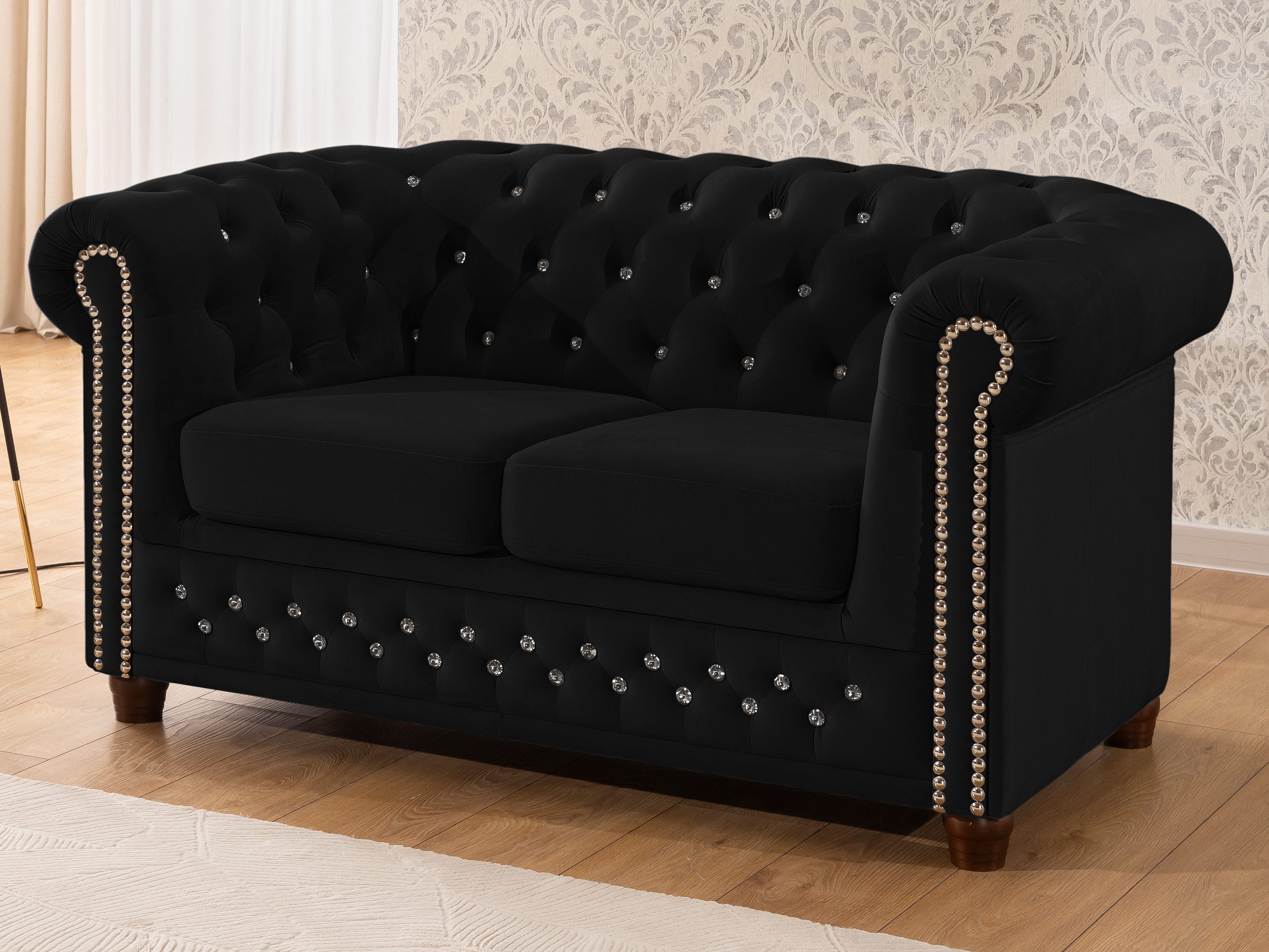 S-Style Möbel Chesterfield-Sofa 2-Sitzer Cleo Blink aus Samt mit Kristallsteppung und Massivholzfüßen, mit Wellenfederung