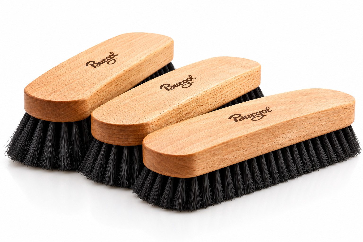 Burgol Schuhputzbürste Bürstenset mit Burgol Rosshaarbürsten 15, 22 und 30mm schwarze Borsten