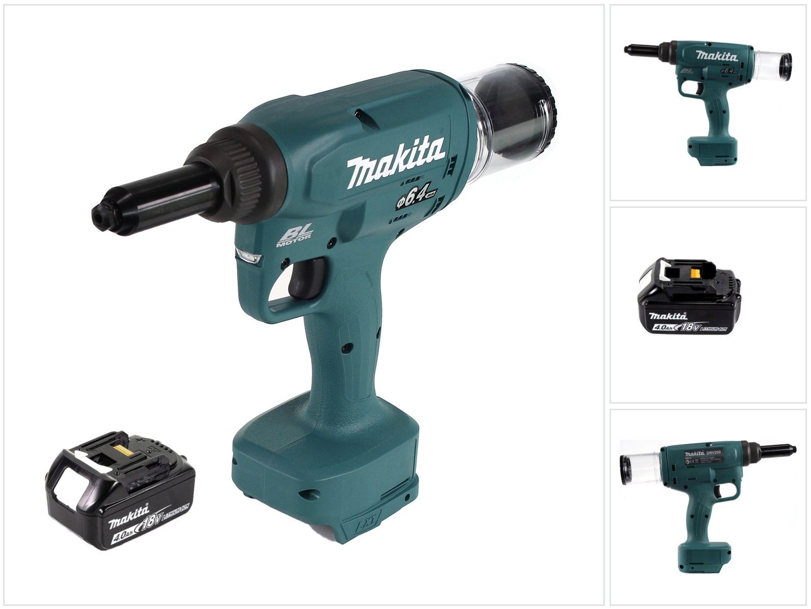 Makita Blindnietzange DRV 250 M1 Akku Blindnietsetzgerät 18V 20kN Brushless + 1x Akku 4,0Ah