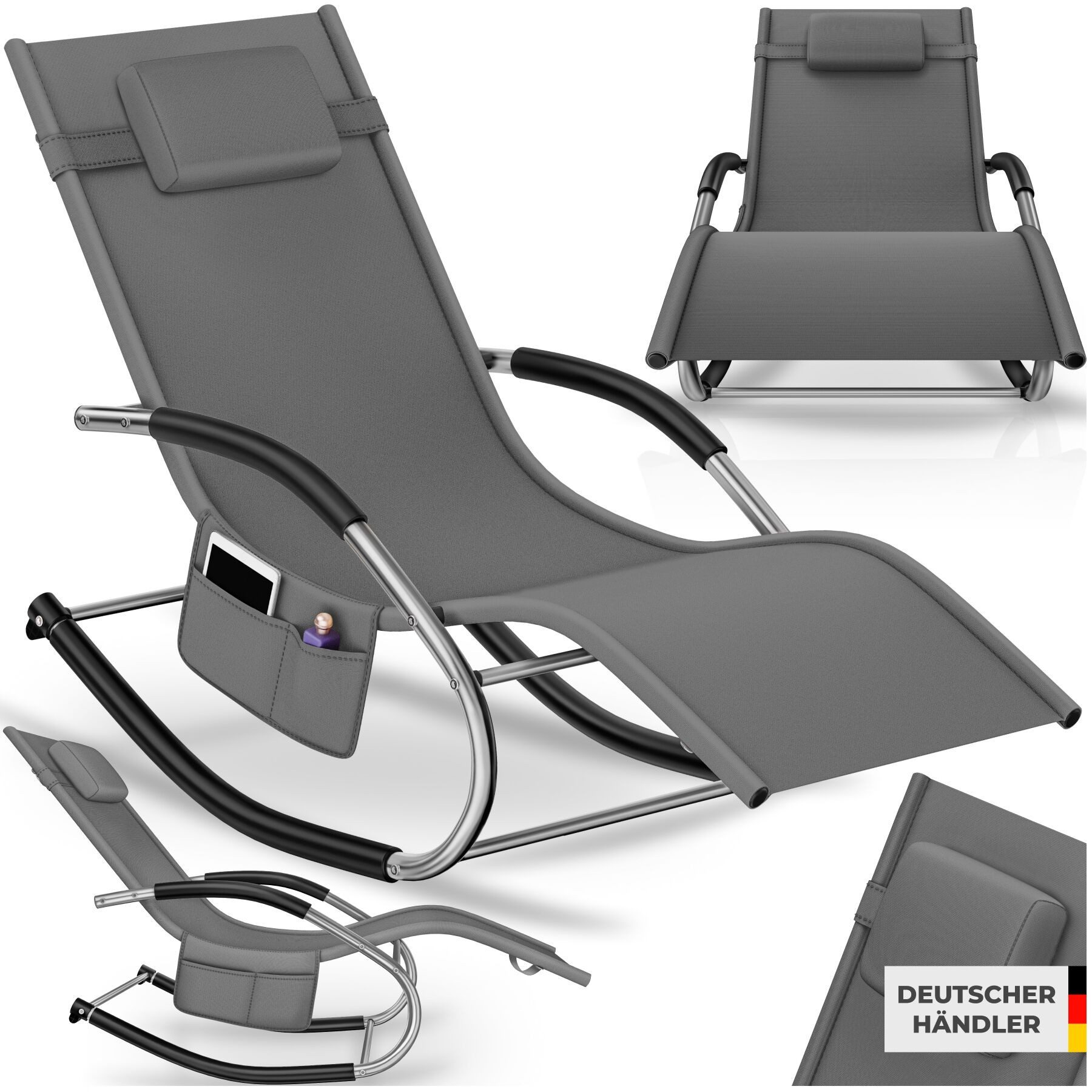 tectake Gartenliege ergonomische Sonnenliege, Belastbarkeit 120 kg, 62 x 146 x 92 cm, Balkonliege Taya, 1 St., für Außen in Grau, gepolstert, atmungsaktiv, wasserabweisend, mit Aufbewahrungstasche