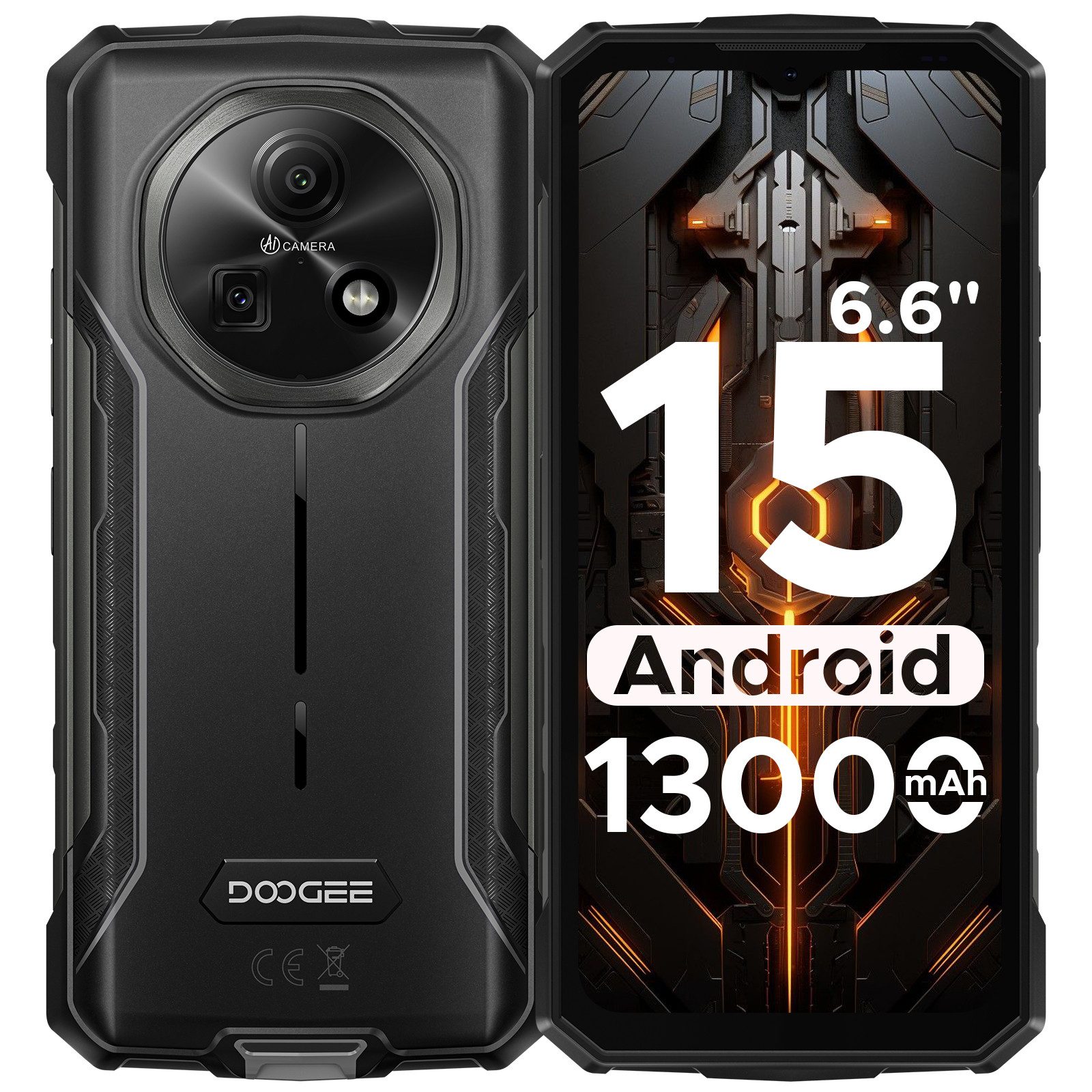 DOOGEE Fire 5 Android 15 Outdoor Handy 13000mAh Großer Akku Smartphone (16,7 cm/6.6 Zoll, 64 GB Speicherplatz, 13 MP Kamera, 6.6'' HD+ 90Hz, 13MP + 8MPKamera, 3GB +64GB, NFC/ OTG/ Triple-Slot)