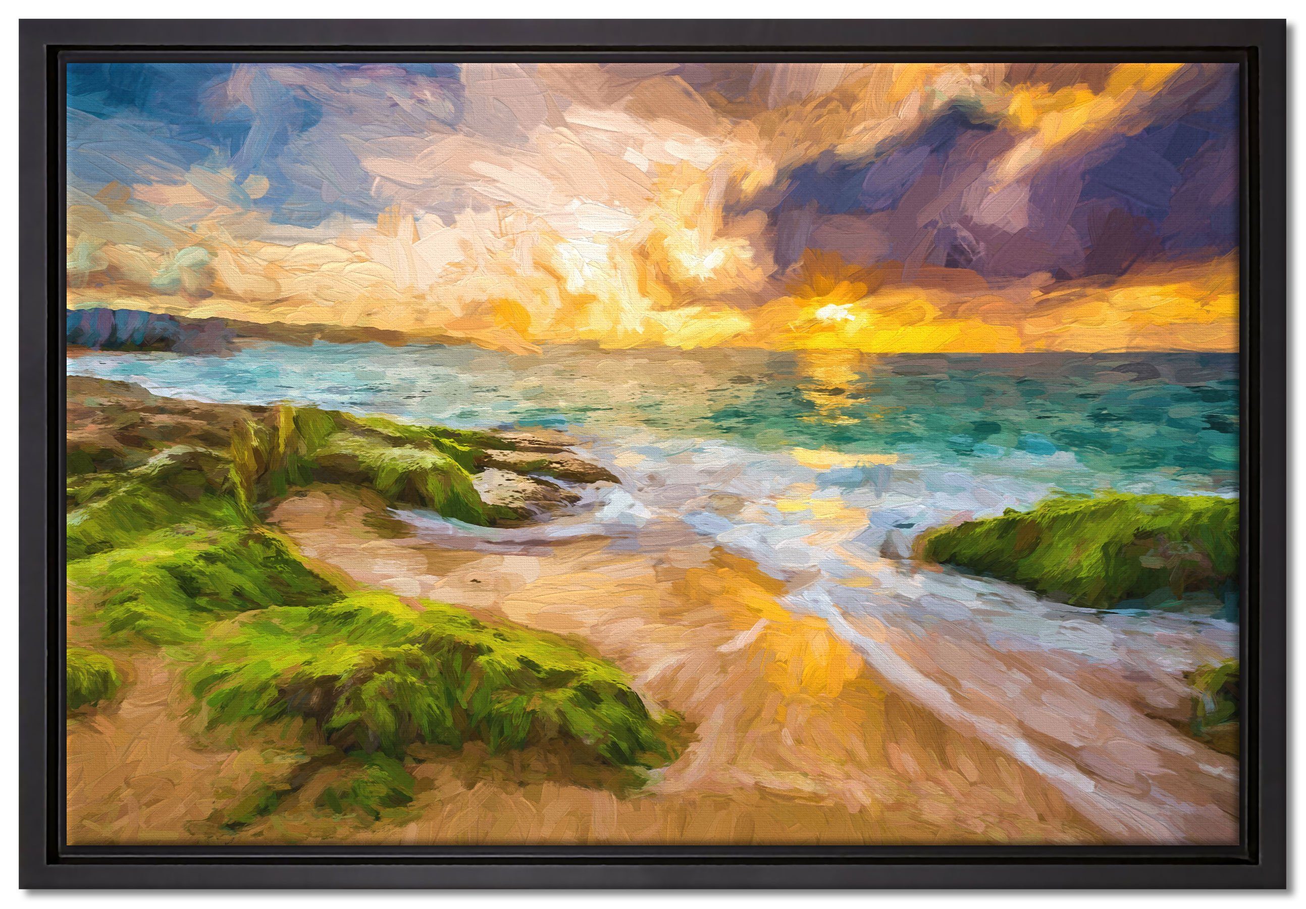Pixxprint Leinwandbild Sonnuntergang auf Hawaii Kunst, Wanddekoration (1 St), Leinwandbild fertig bespannt, in einem Schattenfugen-Bilderrahmen gefasst, inkl. Zackenaufhänger