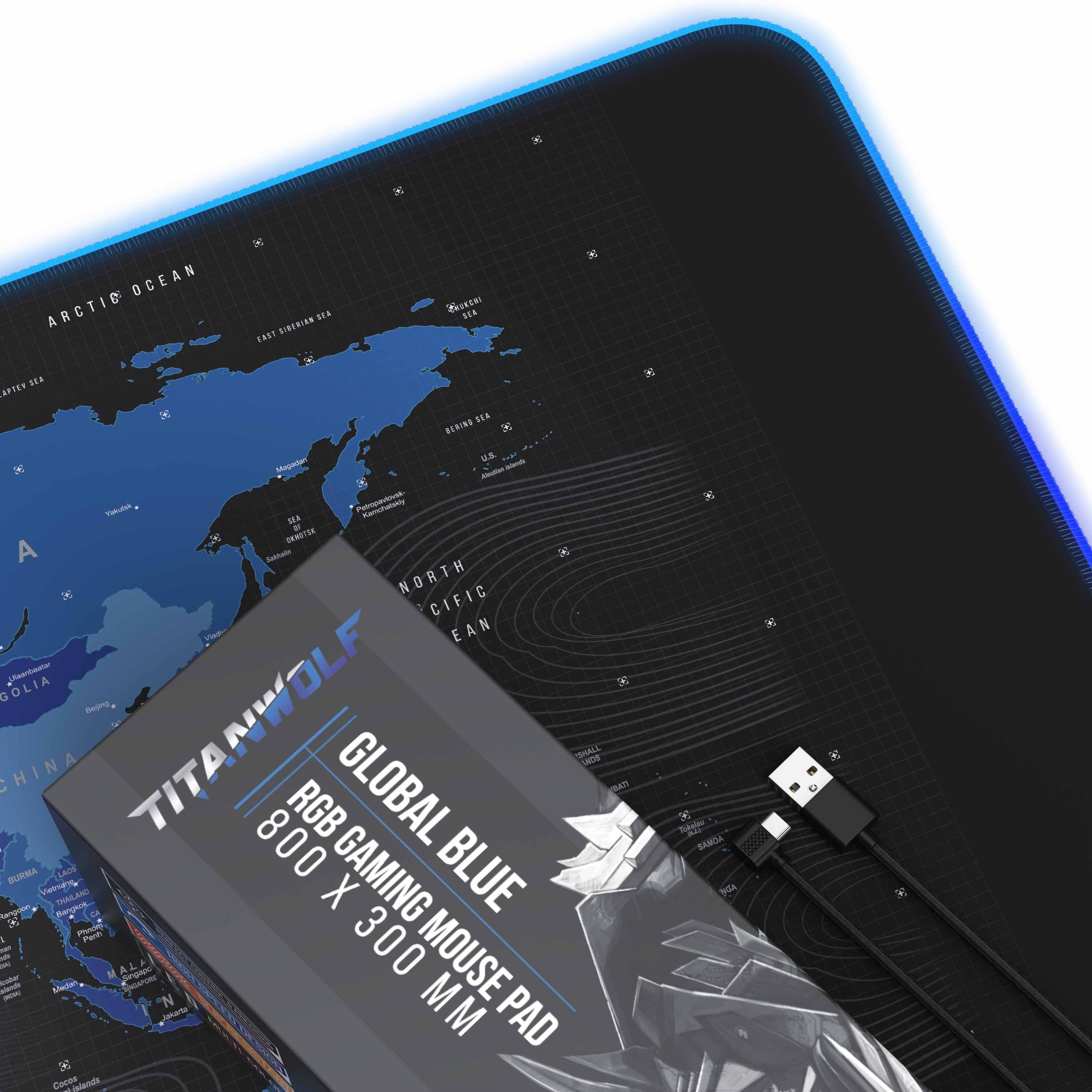 Titanwolf Gaming Mauspad RGB Mousepad 800 x 300 x 3 mm, LED Multi Color XL Tischunterlage, rutschfest, abwaschbar, Geschwindigkeit & Präzision, Weltkarte blau