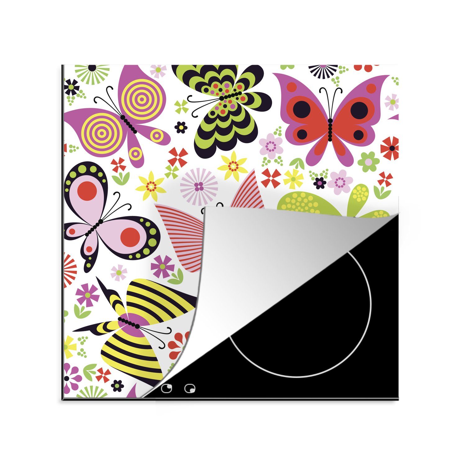 MuchoWow Herdblende-/Abdeckplatte Eine Illustration von Schmetterlingen und Blumen, Vinyl, (1 tlg), 78x78 cm, Ceranfeldabdeckung, Arbeitsplatte für küche | Herdabdeckplatten