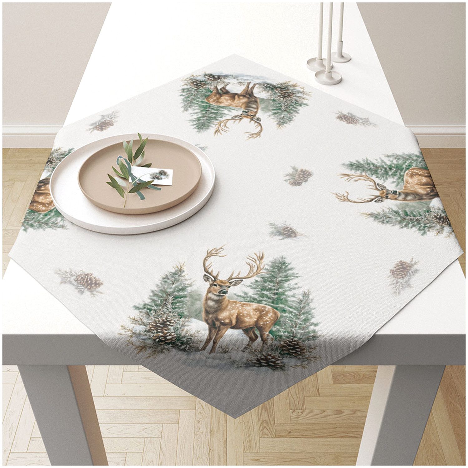 Ambiente® Tischläufer Winter stag (1-tlg, 1-teilig), quadratische Tischdecke Mitteldecke ca.90x90cm Baumwolle
