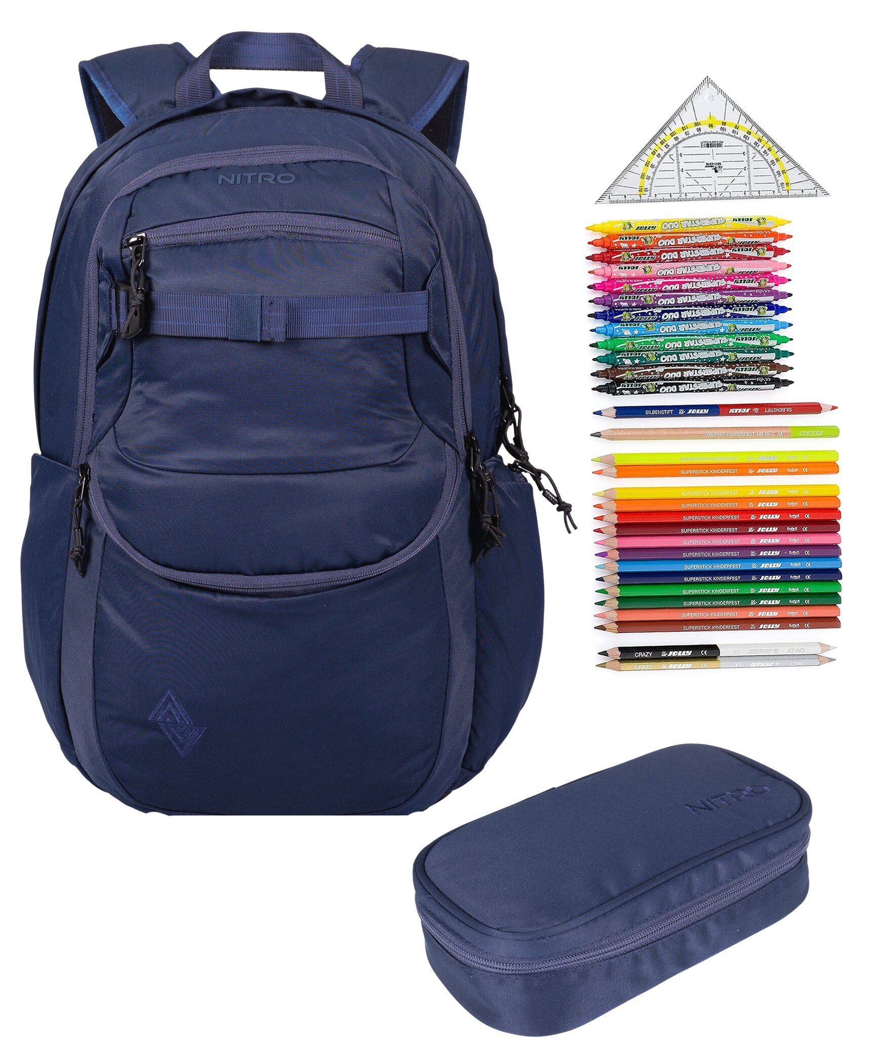 NITRO Schulrucksack NITRO Schulrucksack Jungen Mädchen Future Hero Rucksack (3 Teile Set, inkl. Mäppchen Box, inkl. Mäppchen Füllung 31 Teile), Schulmappe Laptopfach 2 Hauptfächer Daypack Auswahl rmv