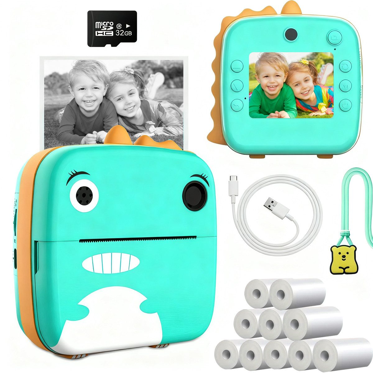 MOPUEA Spielzeug-Kamera Print Sofortbildkamera Videoaufnahme1080P HD-Kamera,24 Megapixeln, (Grüner Dinosaurier, 13-tlg., 10 Rollen Druckpapier +32G Speicherkarte+Schlüsselband,1000mAh Akku), Lang anhaltende Akkulaufzeit mit bis zu 1500 Serienaufnahmen