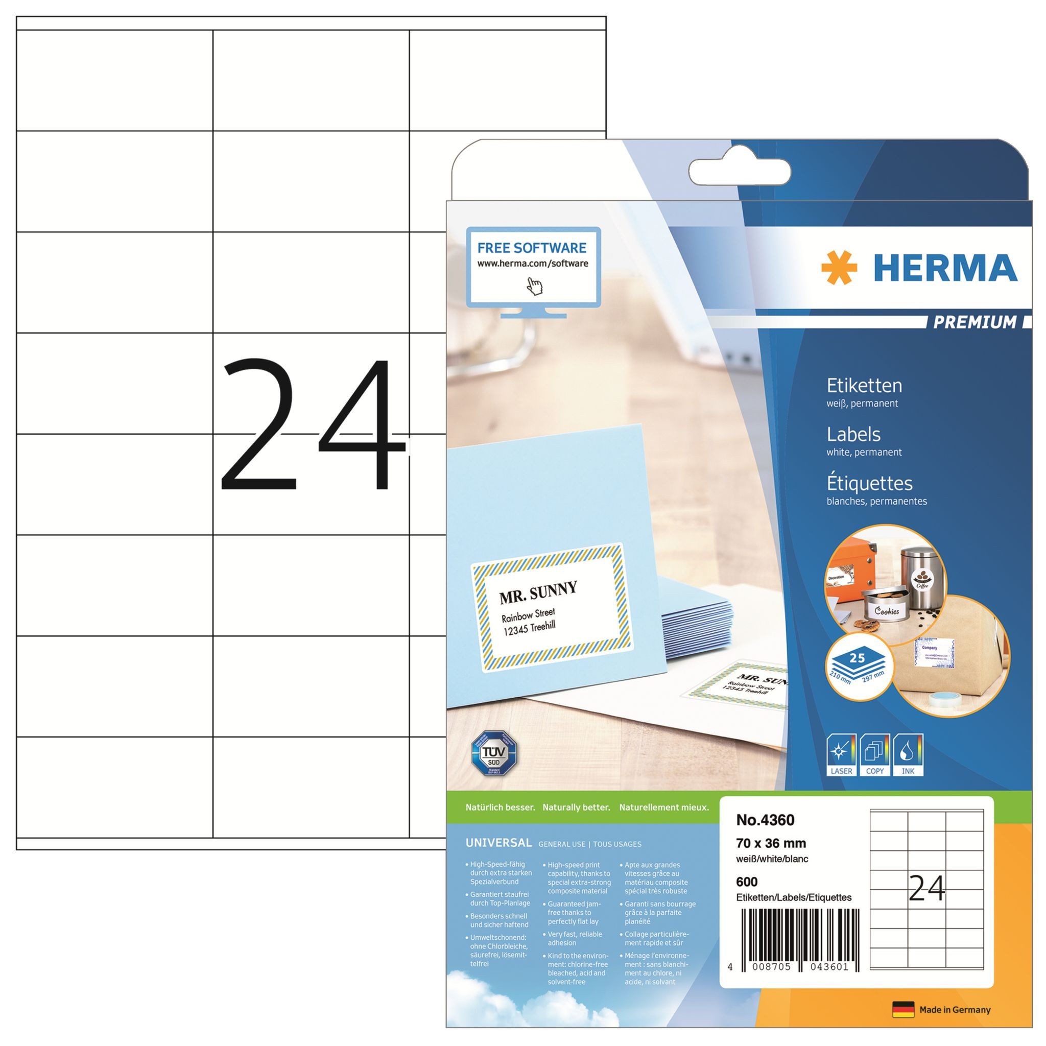 HERMA Etikettenpapier Herma Etiketten permanent haftend 70 x 36 mm weiss PREMIUM 25 Bl 600