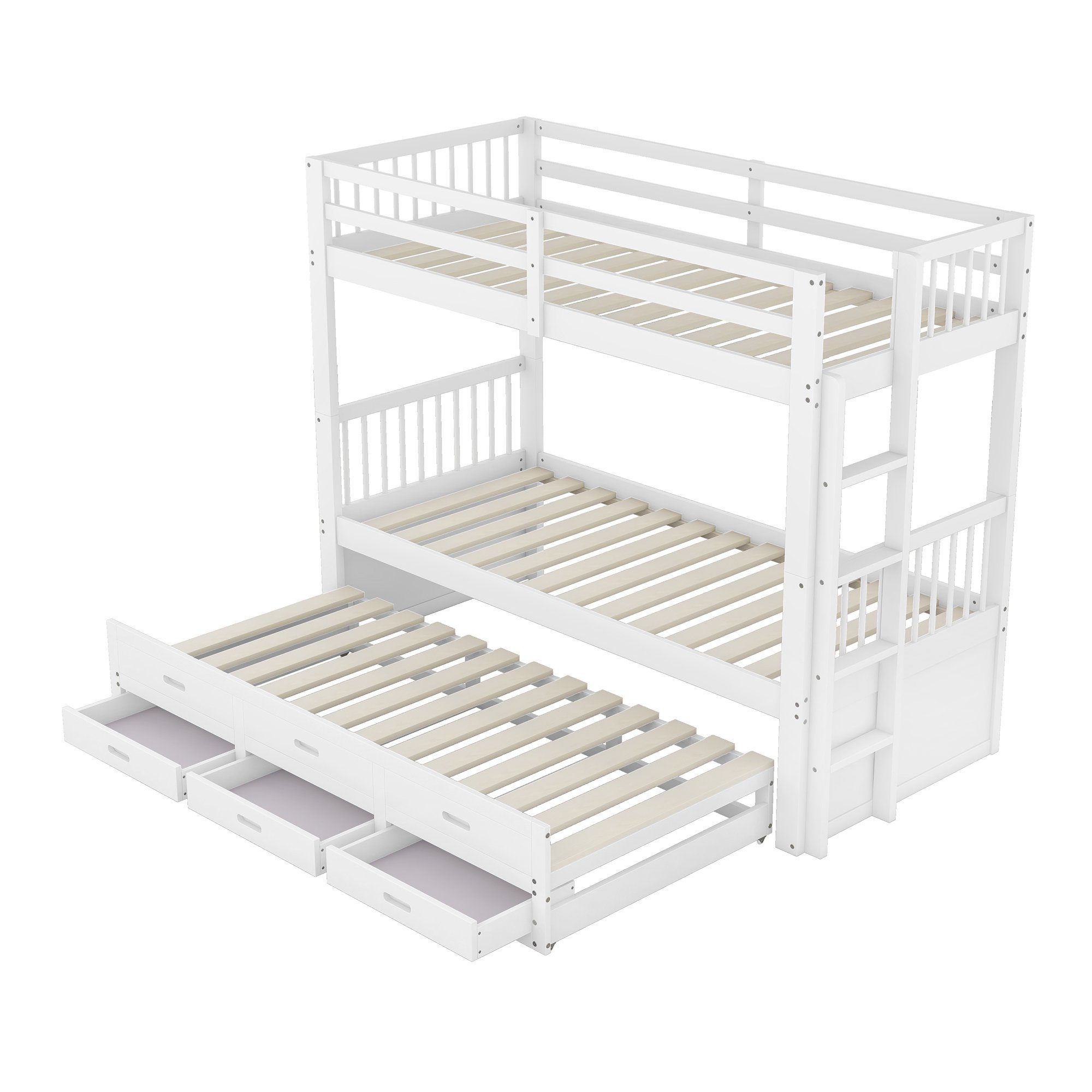 Ulife Kinderbett Etagenbett Leiter ausziehbar Kiefer 3 mit 96x205cm, Schubladen, weiß, und MDF mit aus Bettgestell
