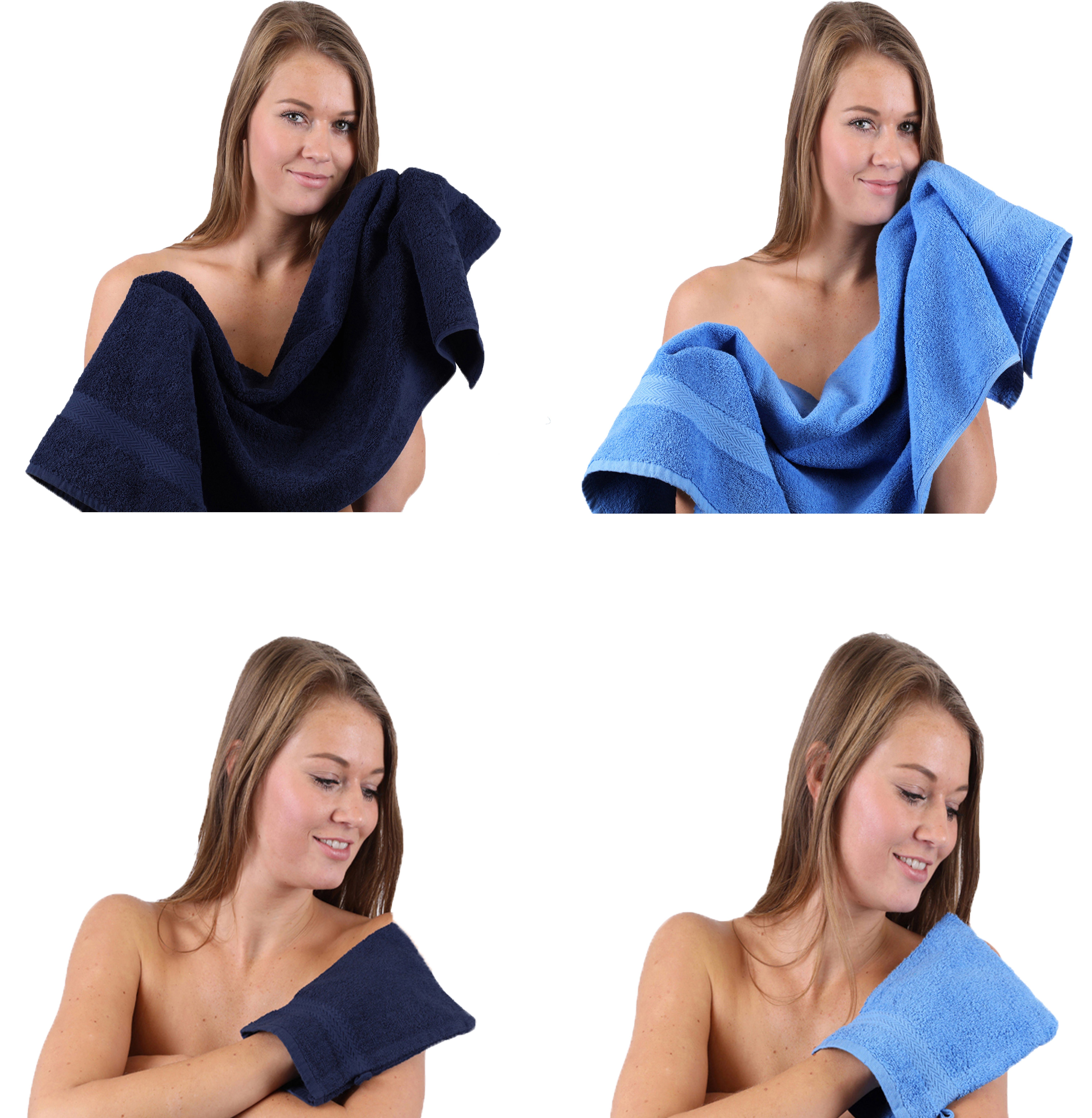 100% hellblau-dunkelblau Waschhandschuhe, TLG. Pack Handtücher 2 2 Baumwolle, (4-tlg) Handtuch 100% Set Baumwolle Set Handtuch Happy Betz 4