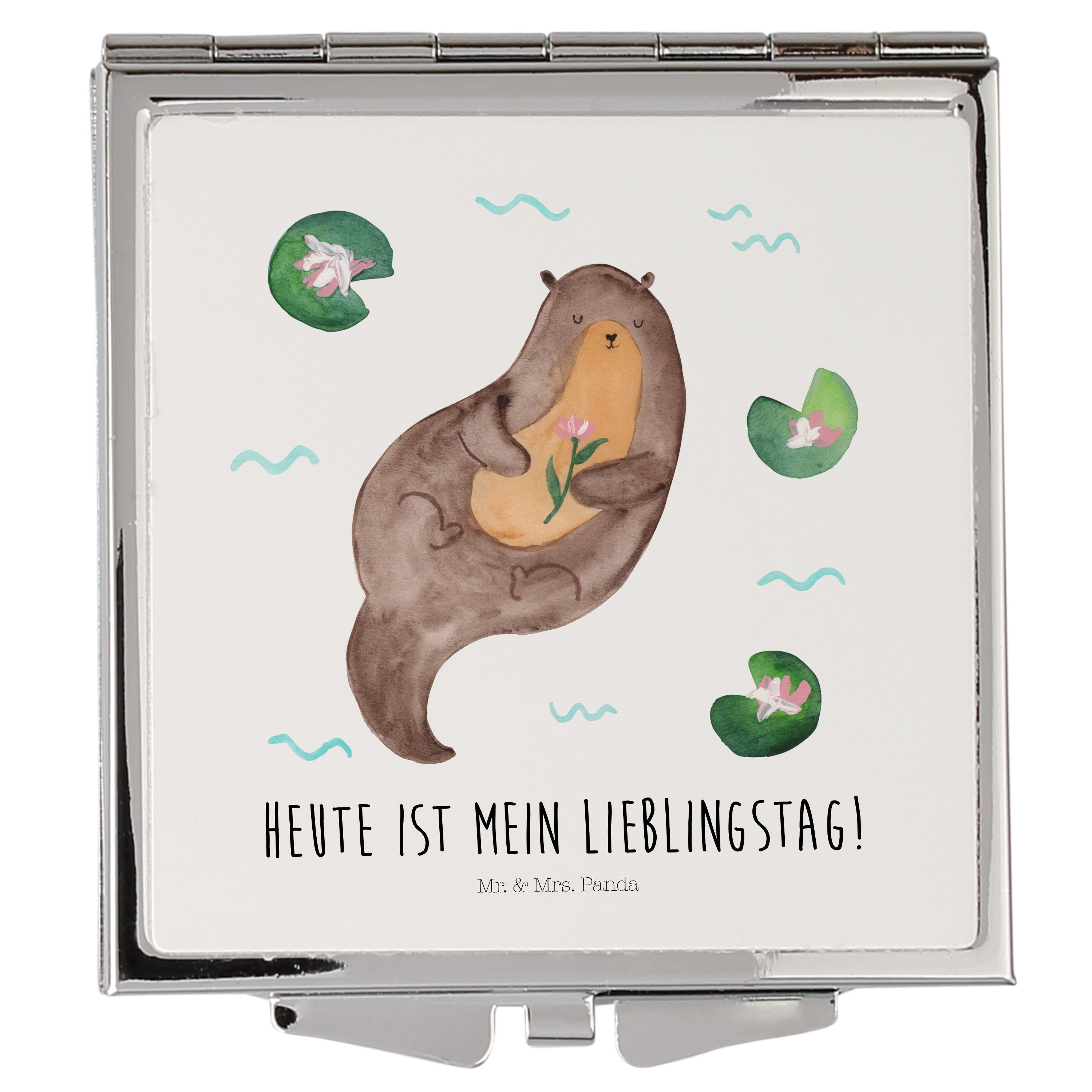 Mr. & Mrs. Panda Kosmetikspiegel Otter mit Seerose - Weiß - Geschenk, Fischotter, Seeotter, Spiegel, O (1-St) | Schminkspiegel