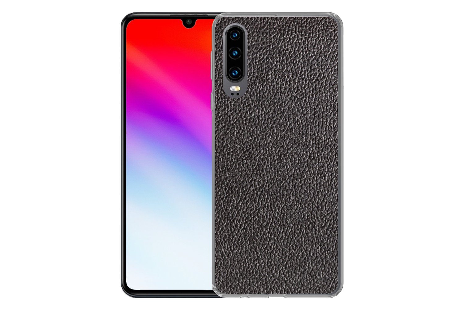 MuchoWow Handyhülle für Huawei P30 Leder - Lederoptik - Schwarz - Hell, Handy Case, Silikon, Bumper Case Dünn