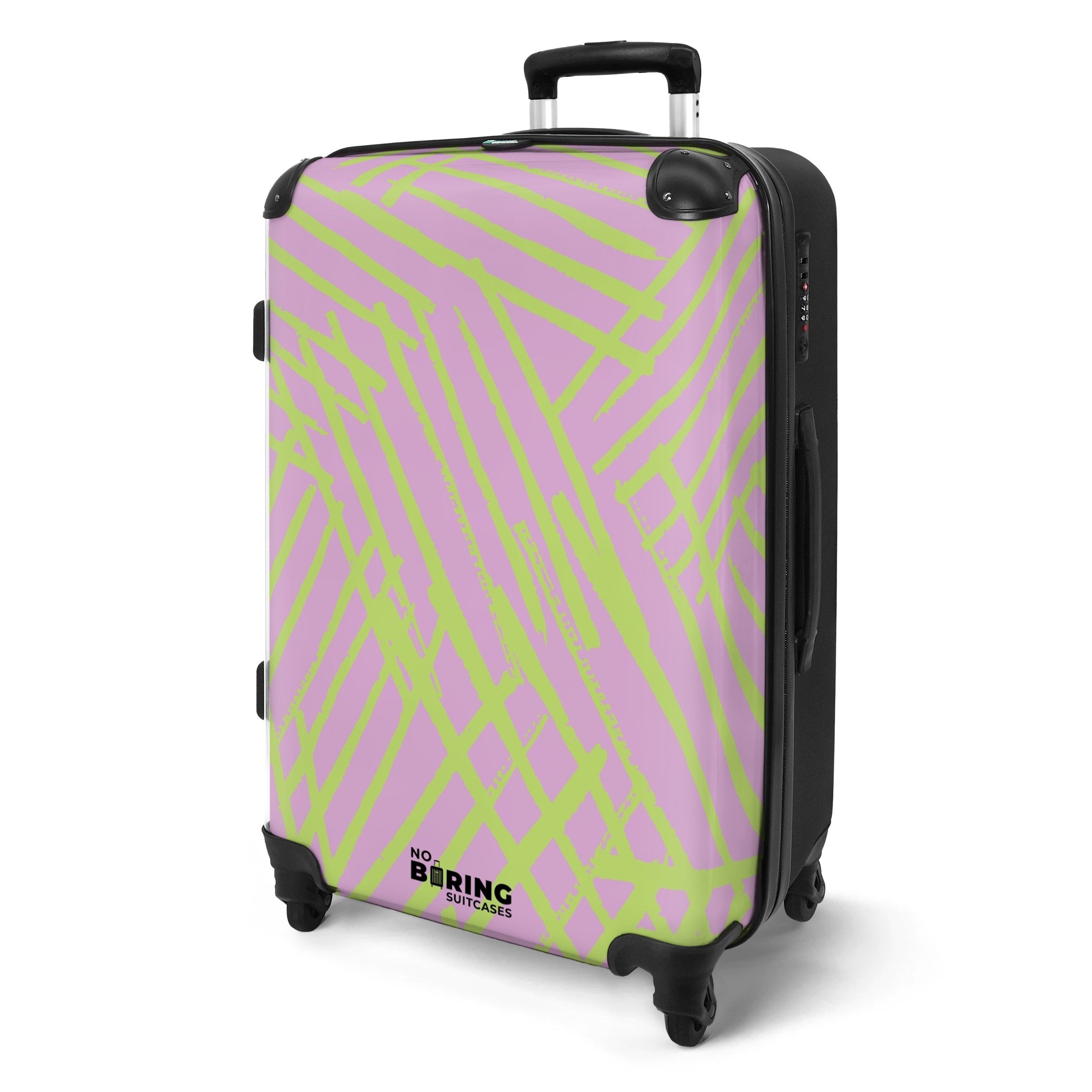 NoBoringSuitcases.com© Hartschalen-Trolley Lila mit grünen Linien günstig online kaufen