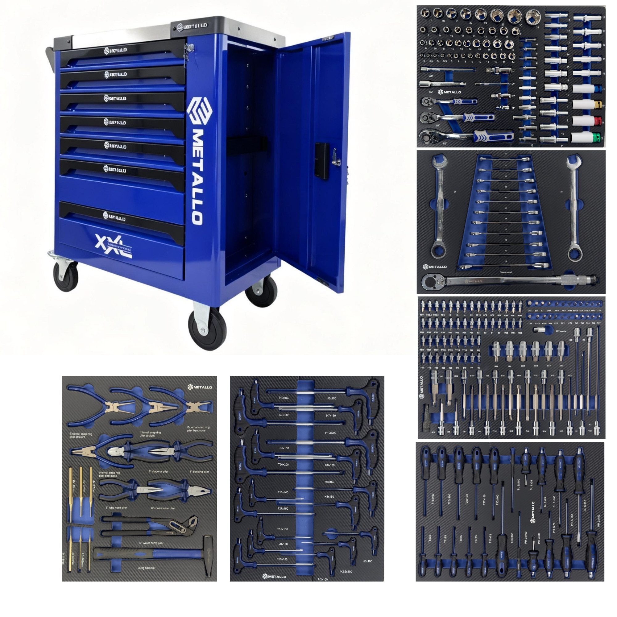 Toolcar Werkzeugwagen Werkstattwagen befüllt & bestückt mit Werkzeug, 7 Schubladen Rollen, abschließbar, kugelgelagerte Rollen, Chrom-Vanadium-Stahl, stabil, max. Traglast:120 kg, 244-tlg. Werkzeugset, (Knarrenkasten & Steckschlüsselsatz 244-tlg. inkl. Maulschlüssel, Torx, Zangen), Anti-Rutsch Einlagen, Vollauszug Schubladen, werkstattgeeignet