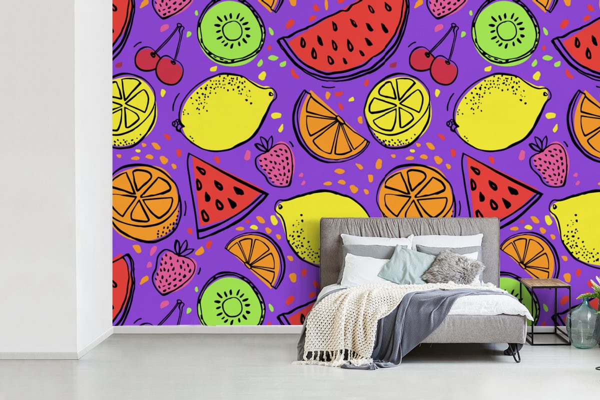 MuchoWow Fototapete Wassermelone - Obst Kinderzimmer, Tapete Matt, Schlafzimmer, - bedruckt, Vinyl für St), Lila, (6 Wohnzimmer, Wallpaper