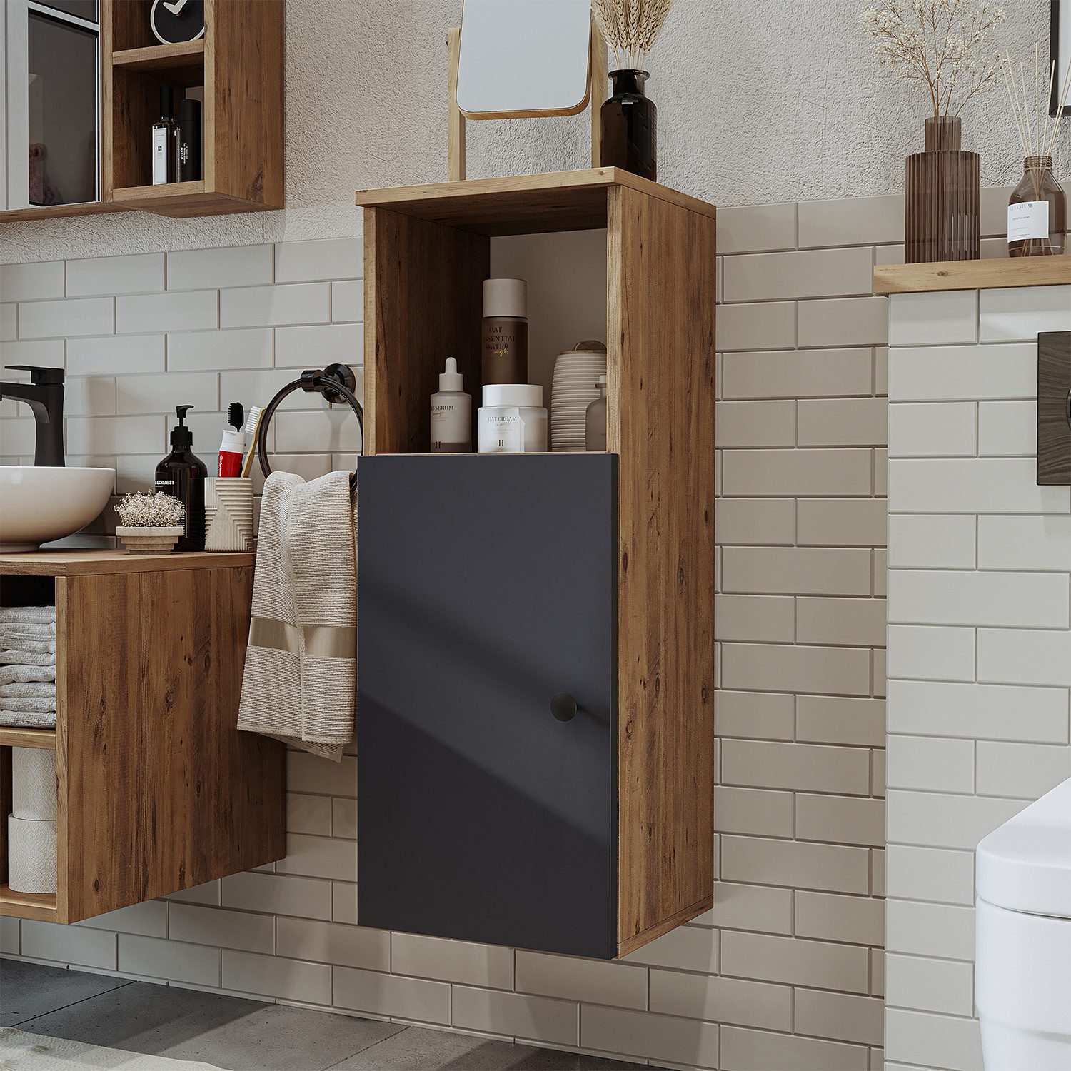 Roomart Badmöbel-Set LOTUS 65 cm, (modernes Badezimmer Set, 4- teilig, mit Keramik-Waschbecken, Spiegelschrank, Unterschrank & Seitenschrank)