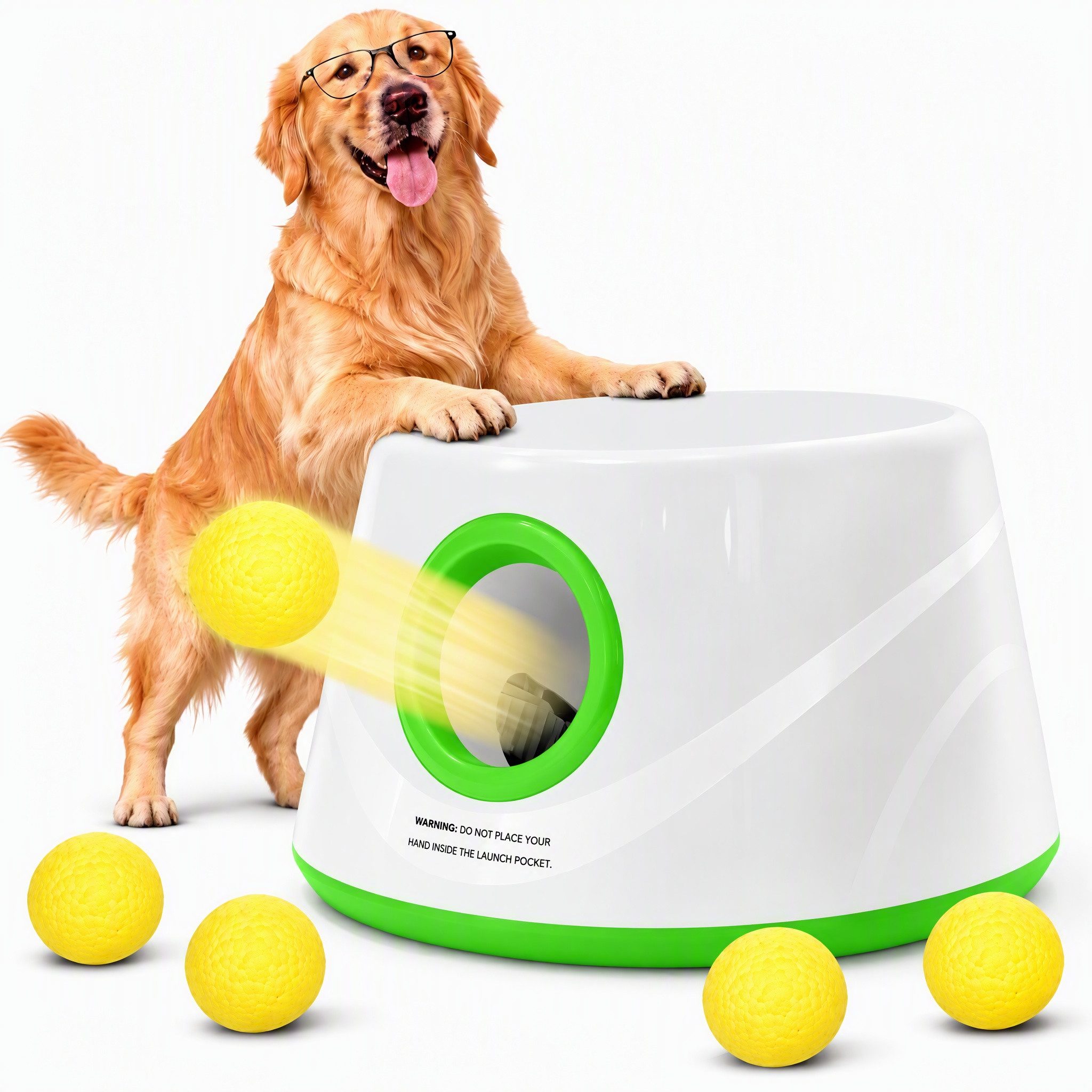 ele eleoption Tier-Intelligenzspielzeug Automatischer Ballwerfer für Hunde, 3 Wurfweiten 6–14 m, 5 Bälle, Hundespielzeug-Set Automatischer Ballwurf, Infrarotsensor, 3 Wurfweiten, kabellos