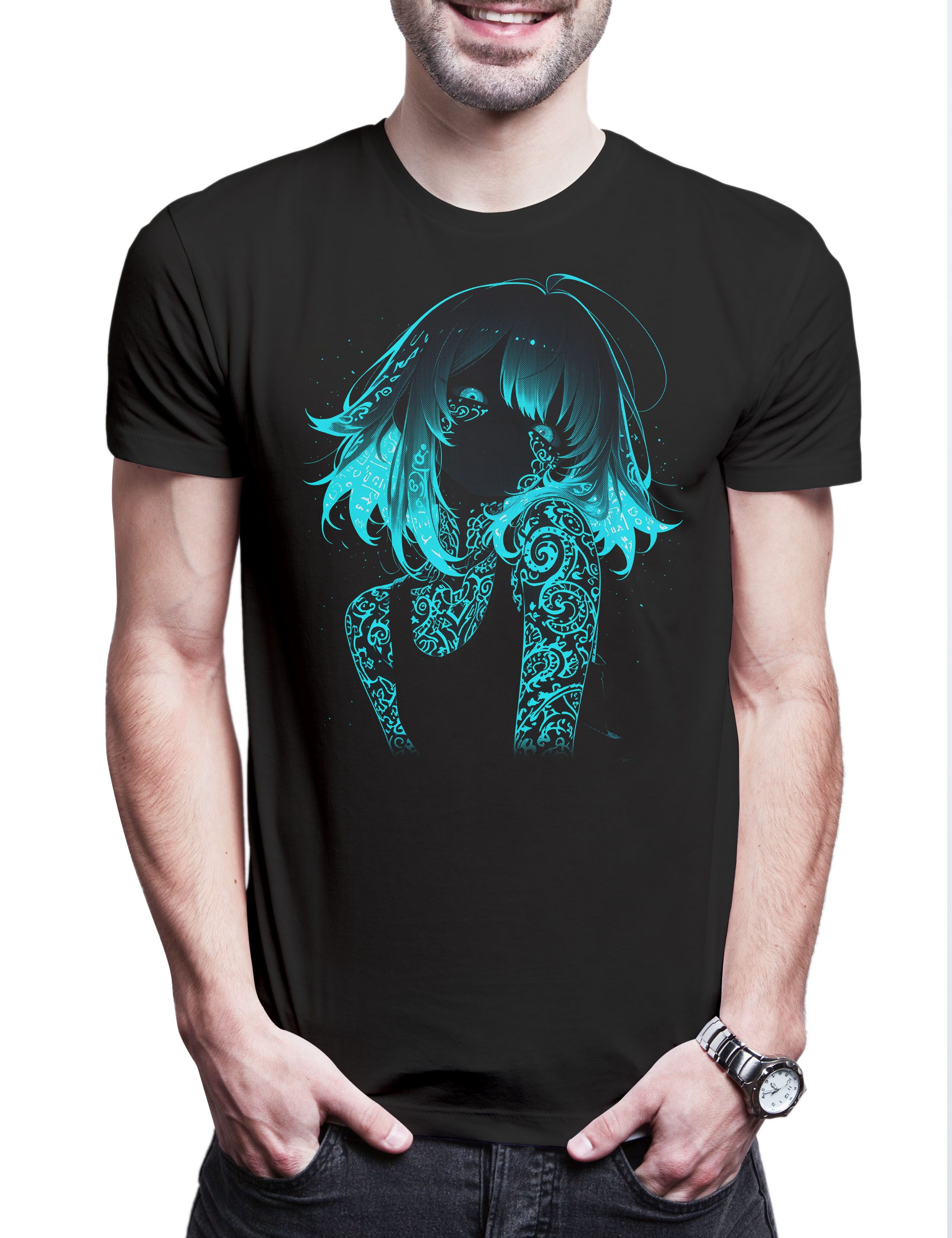 Urban Backwoods Print-Shirt Tattoo Girl Glow 1 Herren T-Shirt Anime Pin Up Rockabella Waifu Manga (1-tlg) Burlesque Japanese Aesthetic Kawaii
