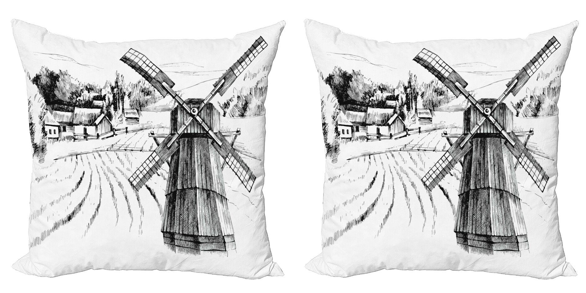 Kissenbezüge Modern Accent (2 Digitaldruck, Doppelseitiger Stück), Farm Landschaft Mühle Abakuhaus Stadthäuser