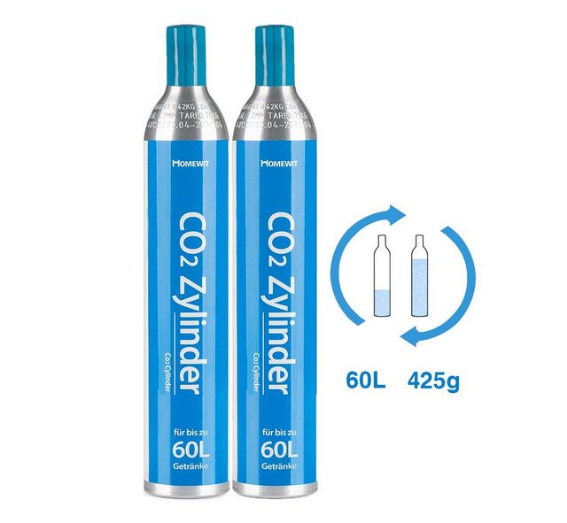 Homewit Wassersprudler CO2 Zylinder, 425g Kohlensäure, Für bis zu 60 L pro Füllung, (Set, 2-tlg., 1 Stück CO2-Zylinder), Geeignet für SodaStream Wassersprudler usw