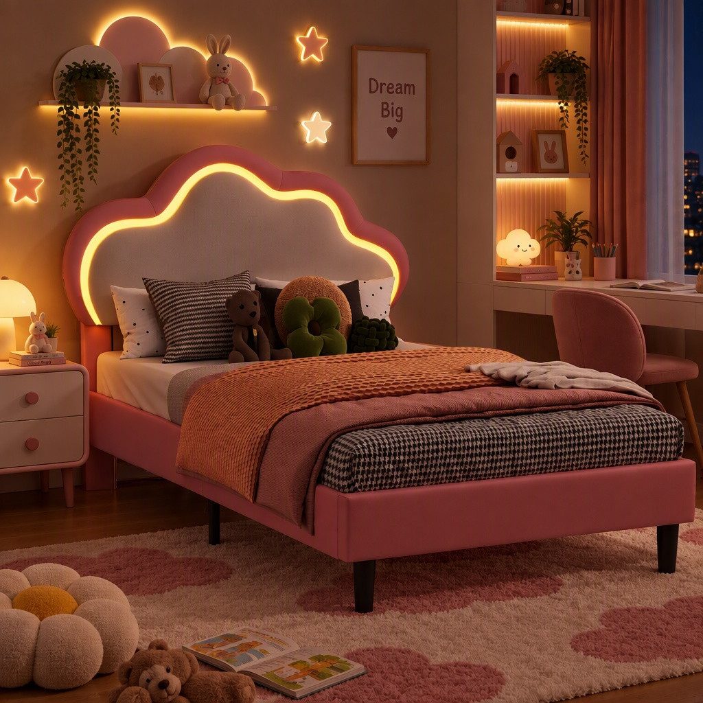 PXloue Polsterbett Kinderbett Jugendbett (Kopfteil hochstellbar), Doppelbett,Wolkenförmiges Kopfteil,mit LED und Lattenrost,90x200cm