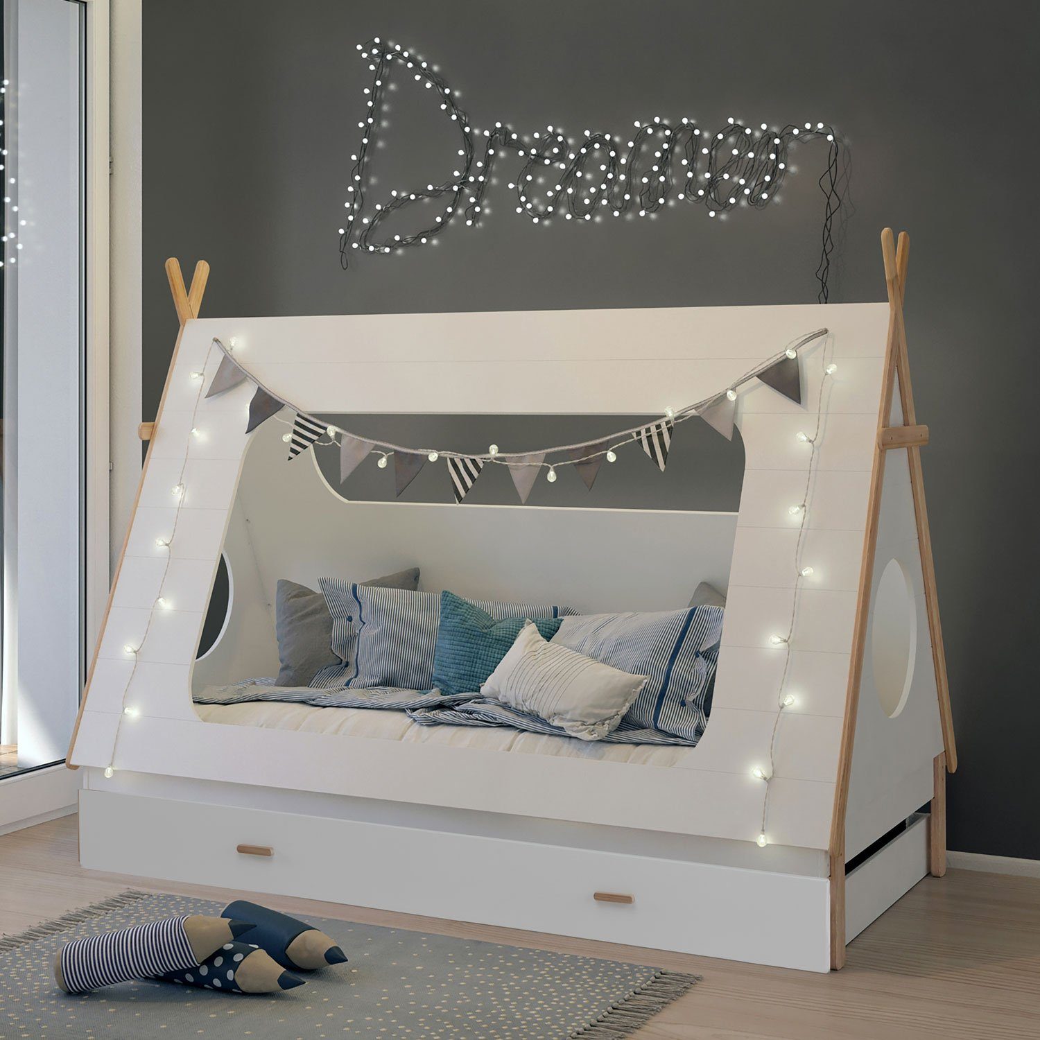 Homestyle4u Hausbett 90x200 TIPI Bett Kinderbett Weiß Kinderzimmer (Set, Set, mit Lattenrost und Bettkasten/Schublade, Rausfallschutz), mit Stauraum (Bettkasten/Schublade)