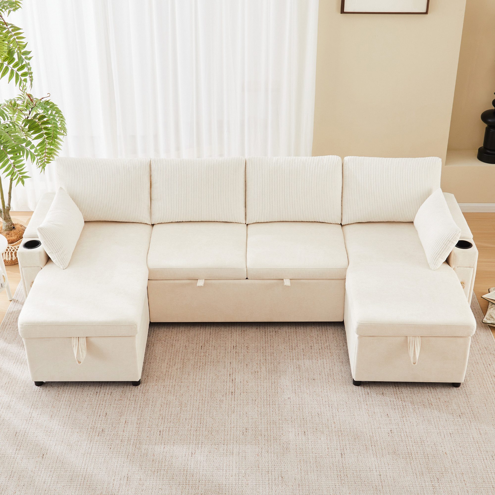 STILVORA Schlafsofa mit schlaffunktion Wohnlandschaft U-Form Schlafsofa mit Kissen Beige, Set 1 Teile, Viersitzer-Schlafsofa in U-Form mit Getränkehalter