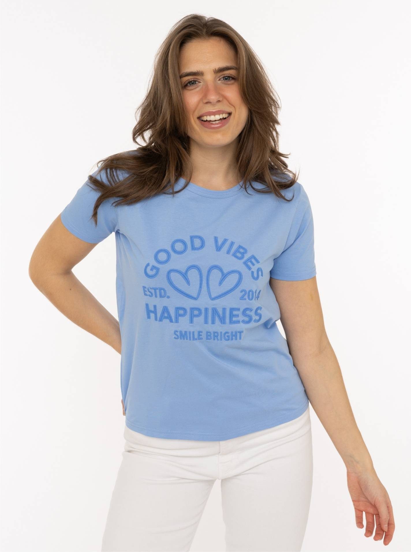 Zwillingsherz T-Shirt "Happiness Vibes" ton in ton Stickerei, kurzarm, Rundhals