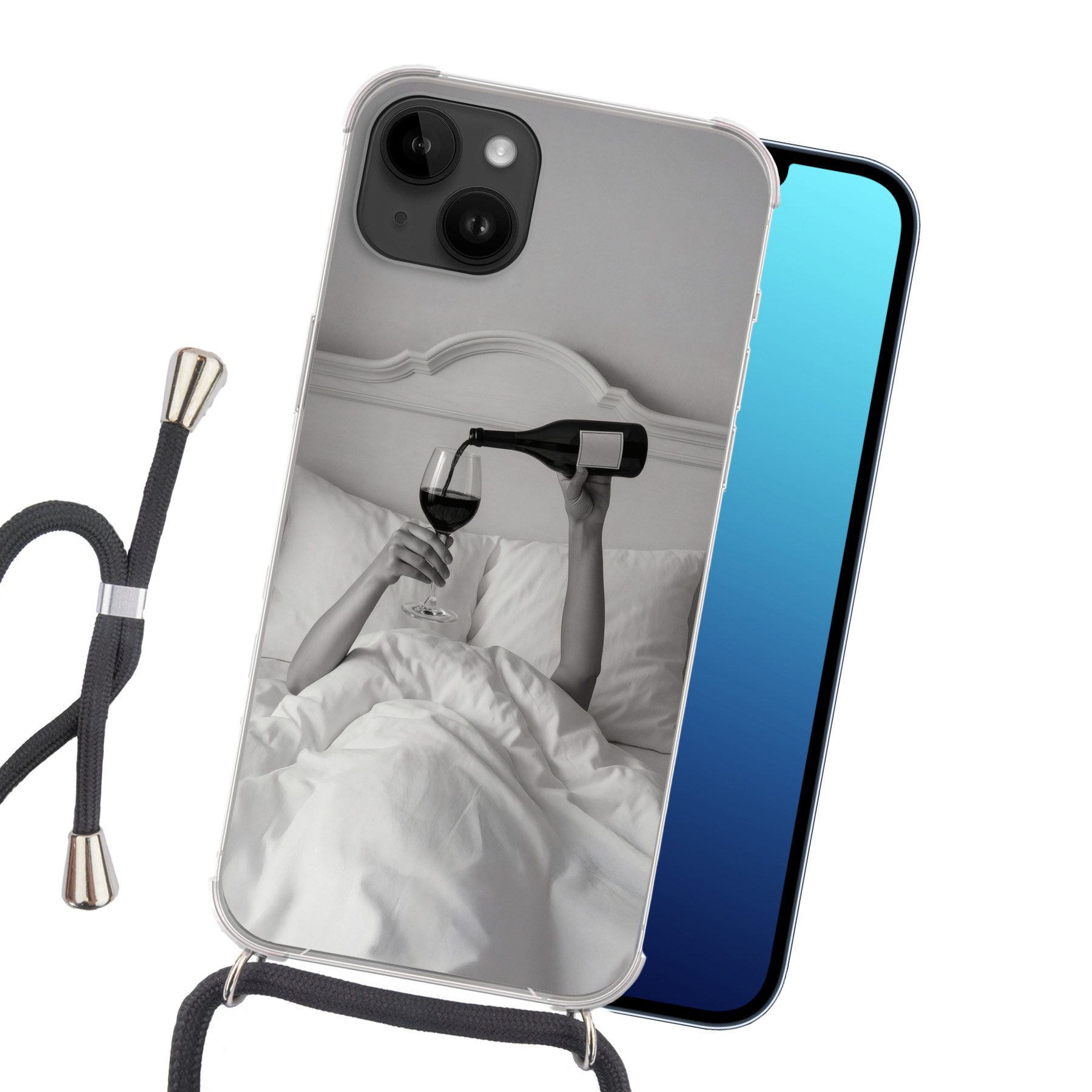 MuchoWow Handyhülle für Apple iPhone 14 Laken - Arme - Wein - Glas, Tragbare Handyhüllen mit Kette zum umhängen, Handykette Handyband