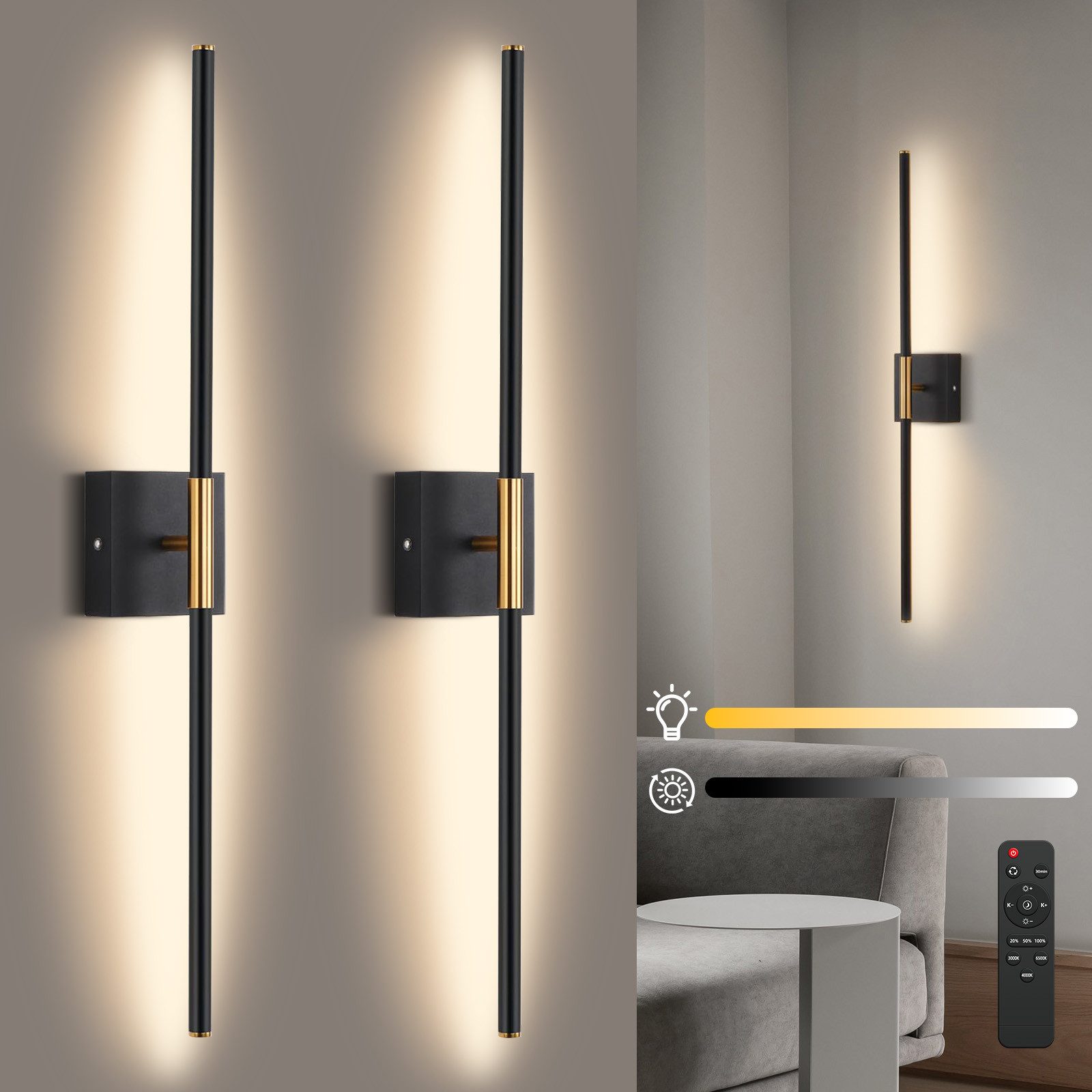 Rosnek LED Wandleuchte Innen Akku 10000mAh, LED Wandlampe kabellos mit Fernbedienung, LED fest integriert, 300 lm, Eisen/Alu/PC, 330° schwenkbar für Schlafzimmer, Flur & Büro