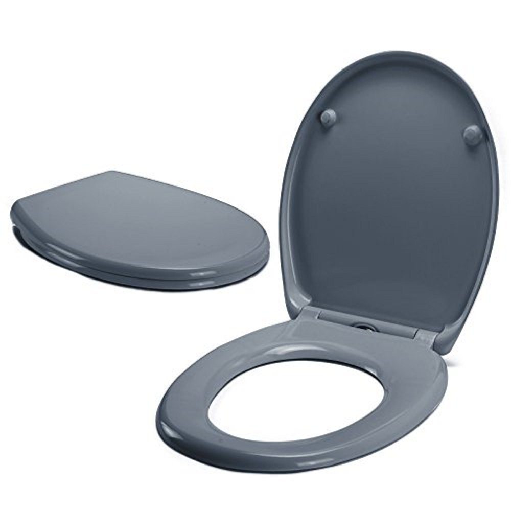 EASY Toilettendeckel oval, Duroplast, Premium mit einfachen CLIP, Close Edelstahl Schnellreinigung, Scharniere Soft spirella zur aus WC-Sitz Quick-Release-Funktion grau Absenkautomatik,