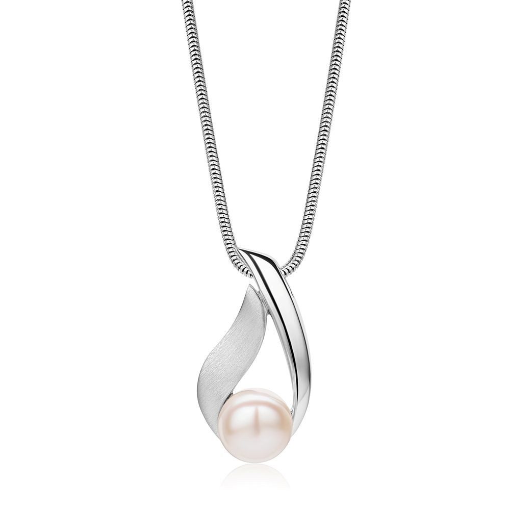Miore Perlenkette Damen 925 Silber oder Silber 18K vergoldet - Perlenanhänger 13 x 24 mm, Perlengröße 8 mm - Schlangenkette 45 cm