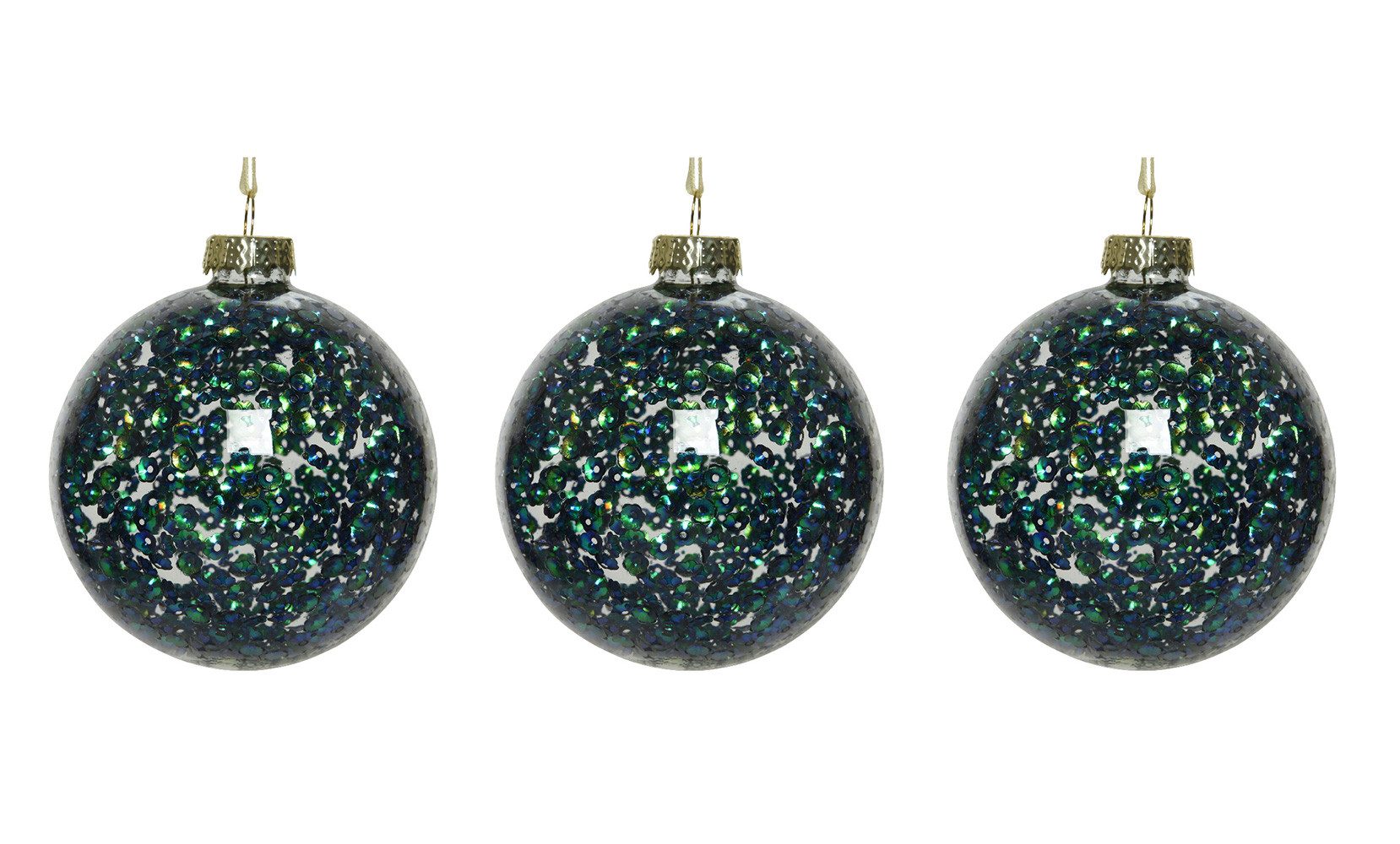 Kaemingk Weihnachtsbaumkugel, Weihnachtskugeln Glas 8cm mit Pailletten gefüllt 3er Set petrol