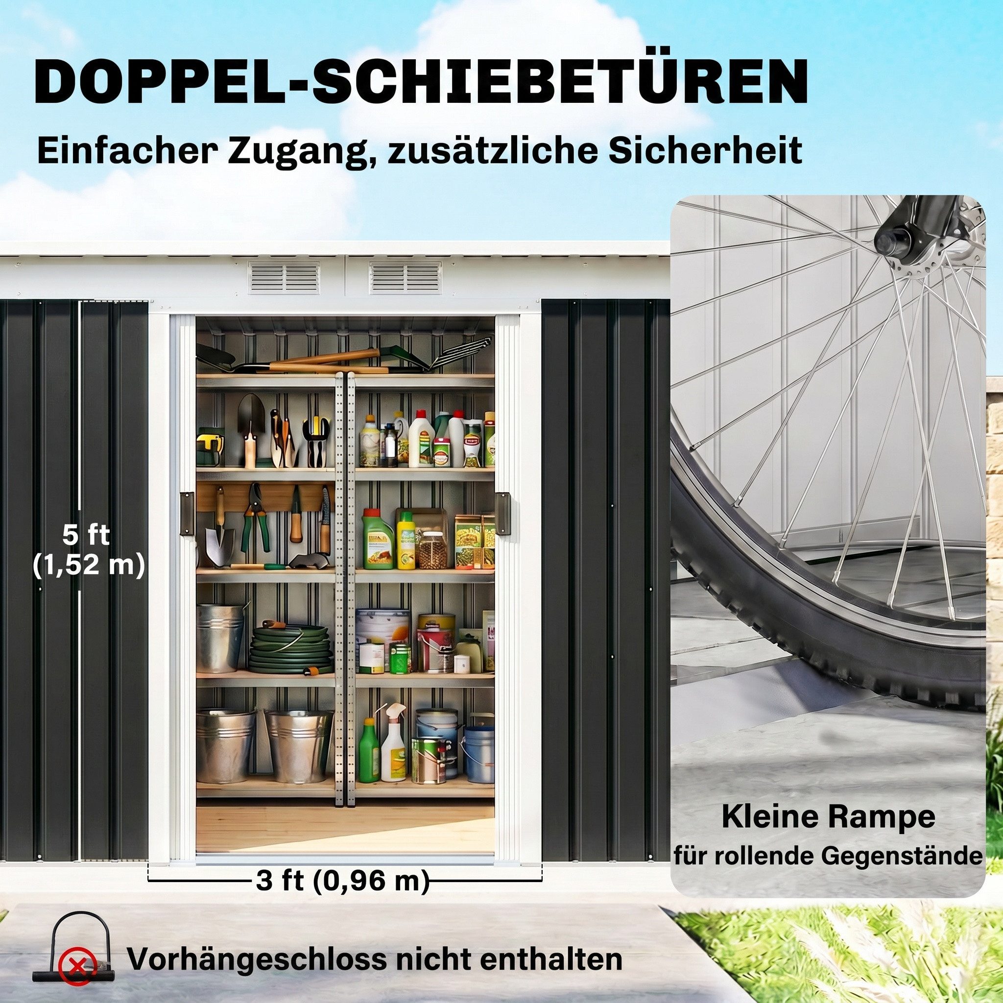 Outsunny Gerätehaus Metall Geräteschuppen mit Pultdach Schiebetür Dunkelgrau, BxT: 280x130 cm, (Schuppen, 1 St., Geräteschuppen), für Garten, Dunkelgrau – Bild 5 von 5